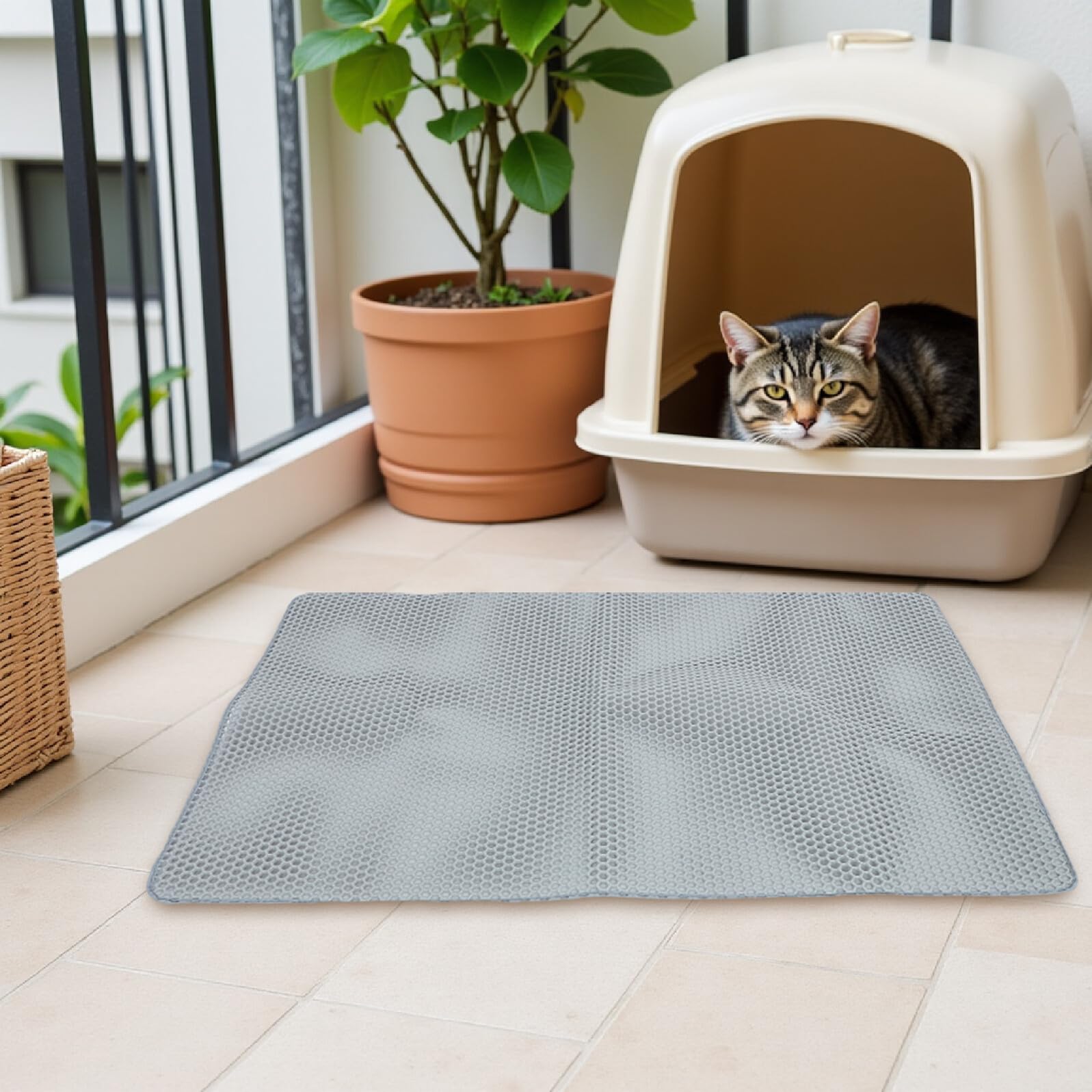 Gatuida Katzenstreumatte Doppellagig mit Wabendesign aus Eva Maschinenwaschbar und Streufangend für Katzenklo im Haushalt und Reisen 120 X 70cm