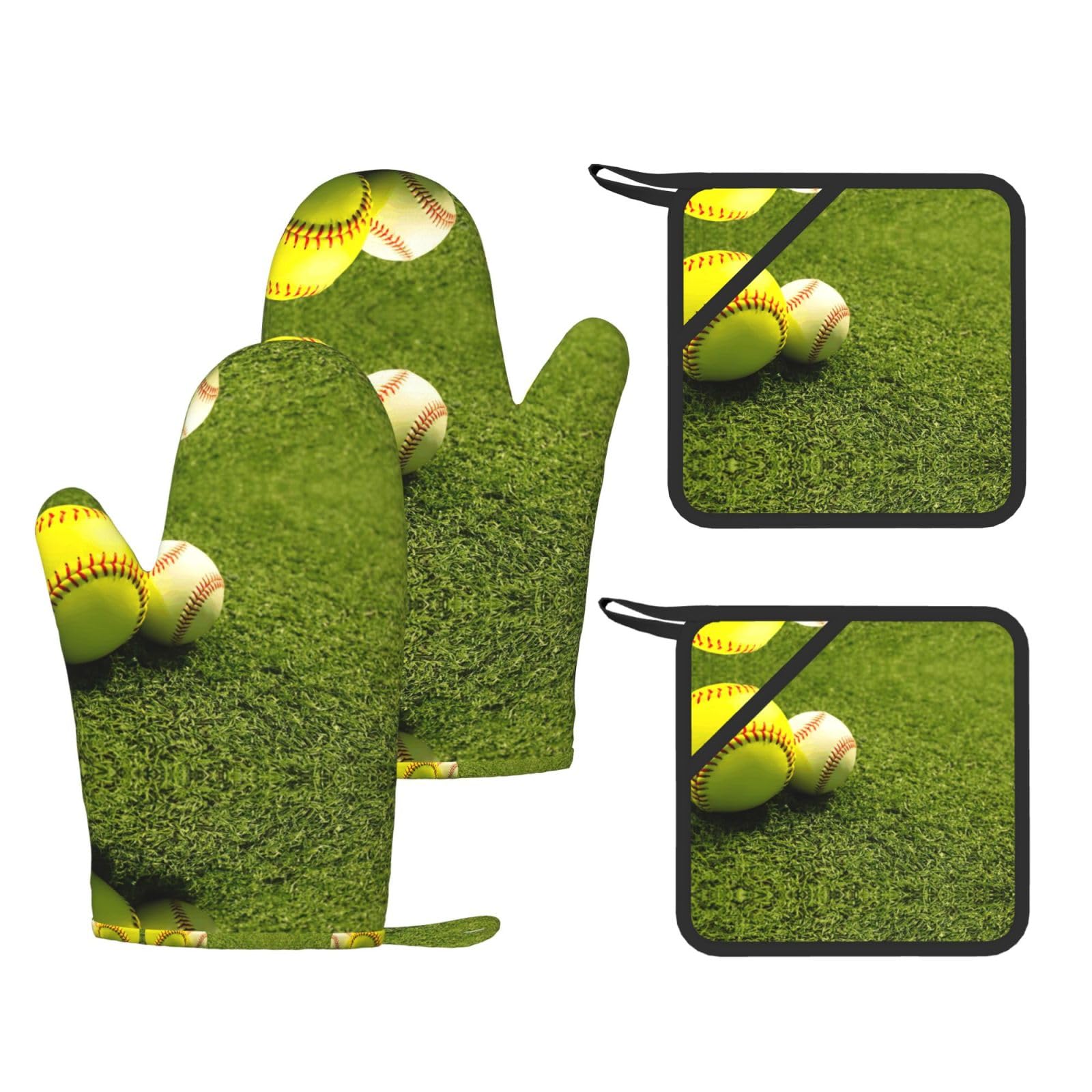 Grass Baseball Softball Printed Pot Holders and Oven Mitts 4-Piece, Non-Slip Kitchen Gloves with Utensil Pocket for BBQ