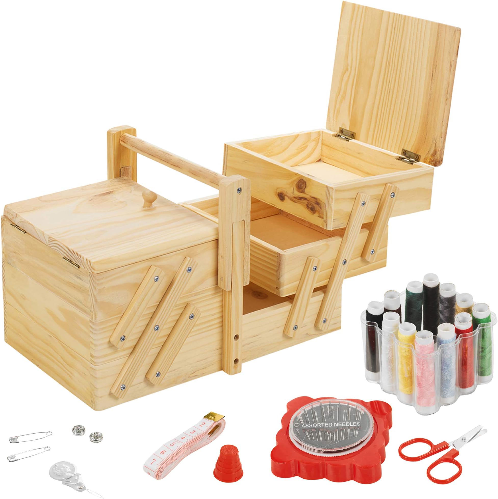 39pc Sewing Kit Wooden Sewing Box Set Shabby Chic Design Home Needle Thread Tape