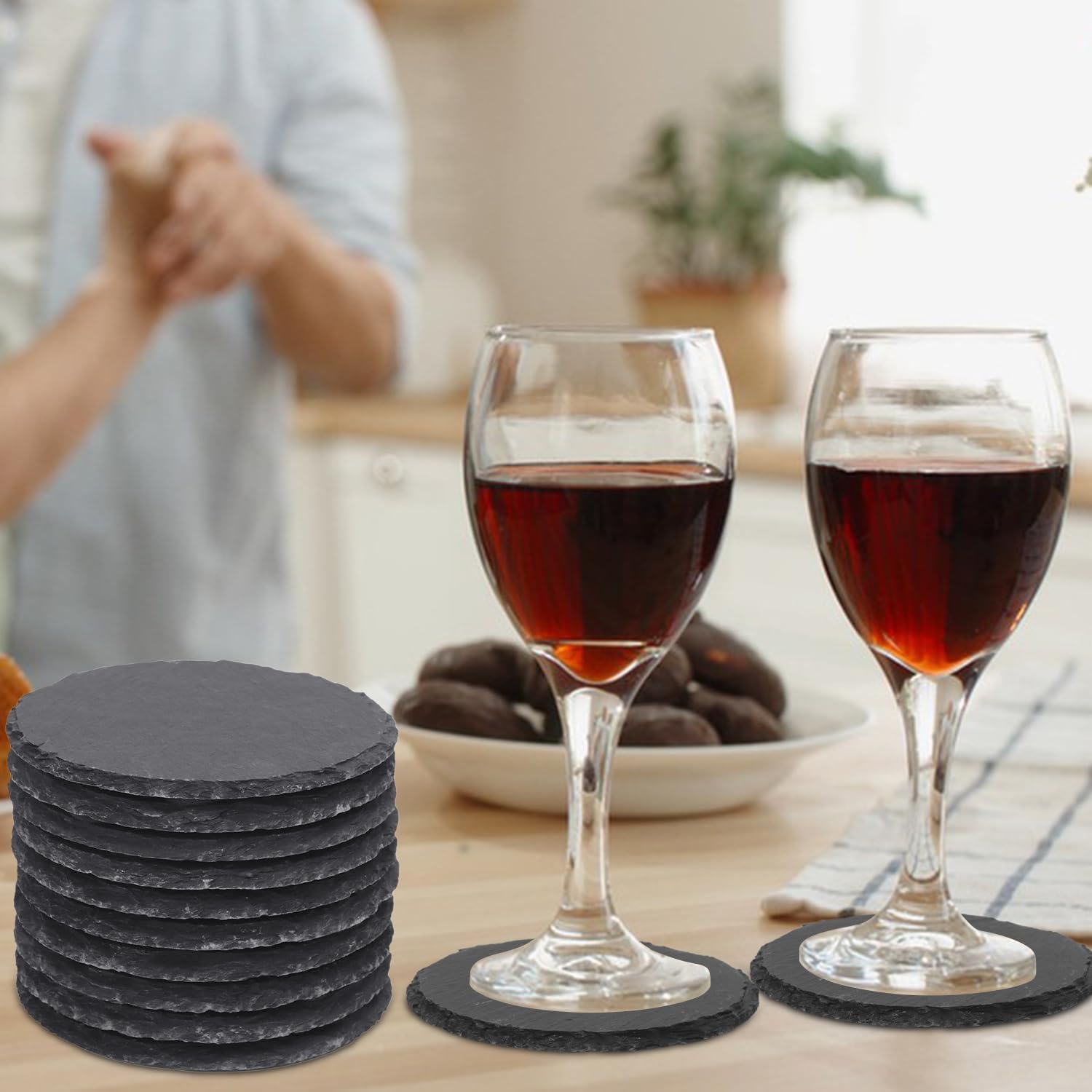 Paquete de 60 posavasos redondos de pizarra de 4 pulgadas, posavasos para bebidas, posavasos de piedra negra con parte inferior antiarañazos, ideales para decoración del hogar, bar, regalos de