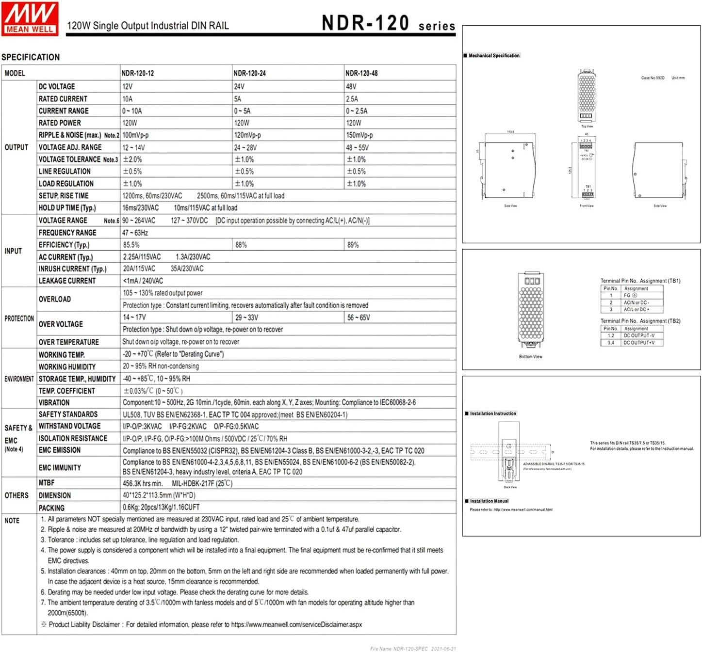 NDR-120-12 DIN Rail Power Supply, 12V/10A, 120W, Slim Single Output, 90-264VAC, UL/TUV/CE, for Industrial Control