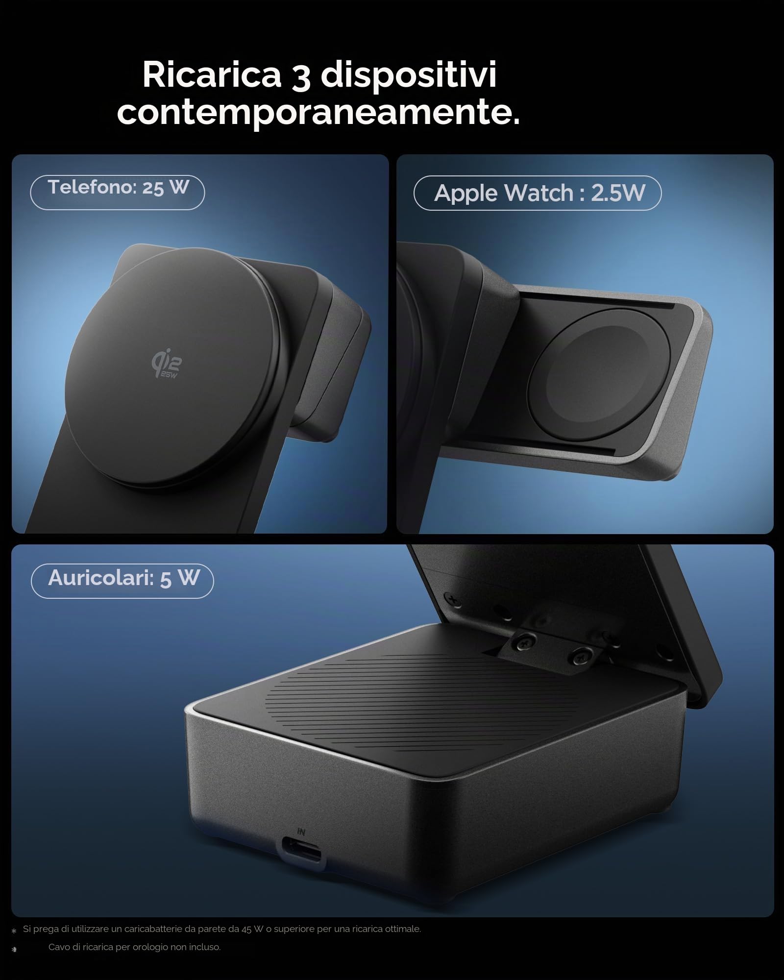 Spigen Essential Qi2.2 25W Caricatore Wireless MagSafe 3-in-1 (Incl. Cavo USB-C 2 m) Stazione di Ricarica per iPhone 17/16/15/14/13/12 Pro Max Air 17e, AirPods 4/3/2, Apple Watch SE