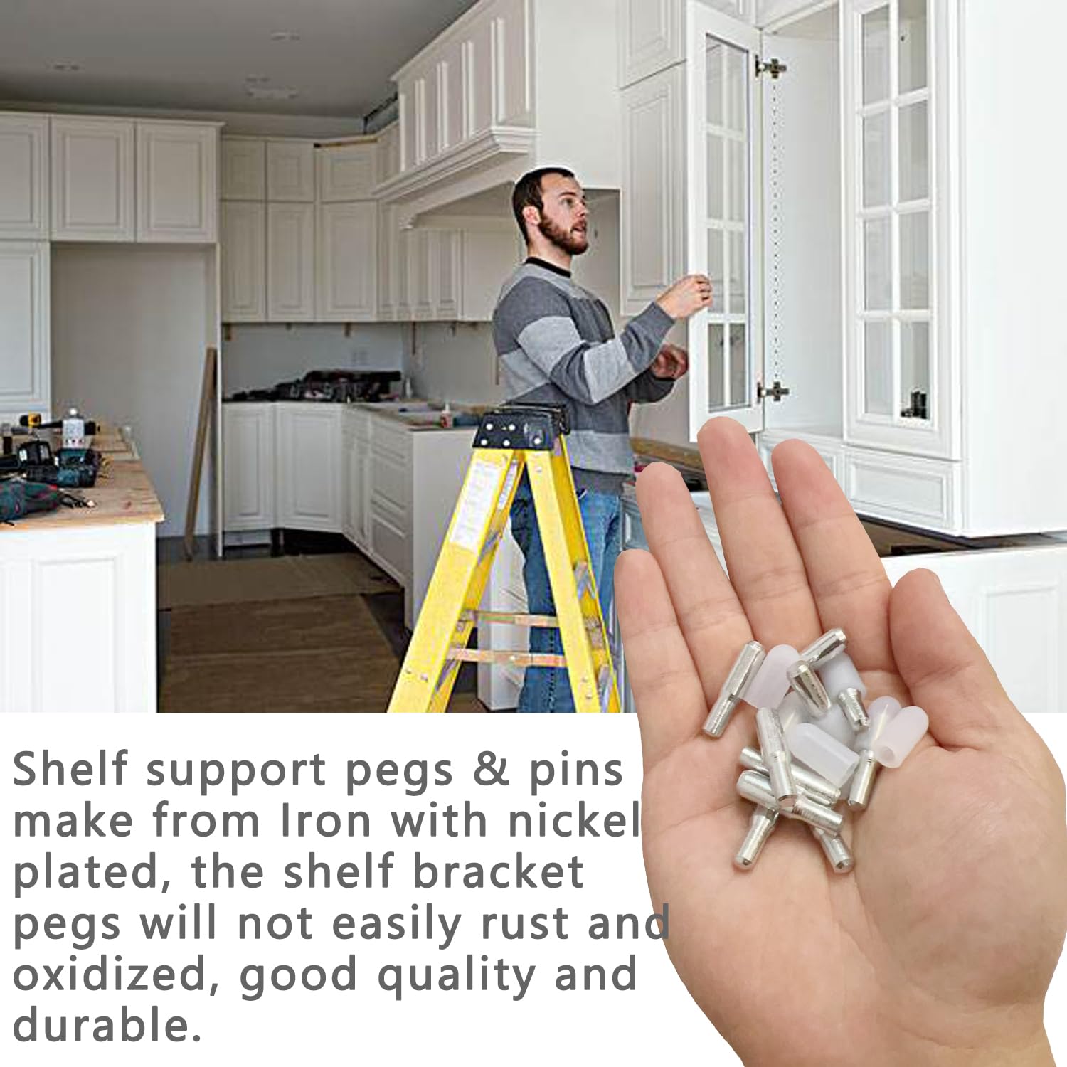 20 Pack 5mm 1/4 Inch Stainless Steel Shelf Support Pegs for Kitchen Cabinets, Adjustable Metal Pins and Clips for Bookshelves, Bookcases, Cupboards, and Glass or Wood Shelves Replacement Holders — Amazon image 6