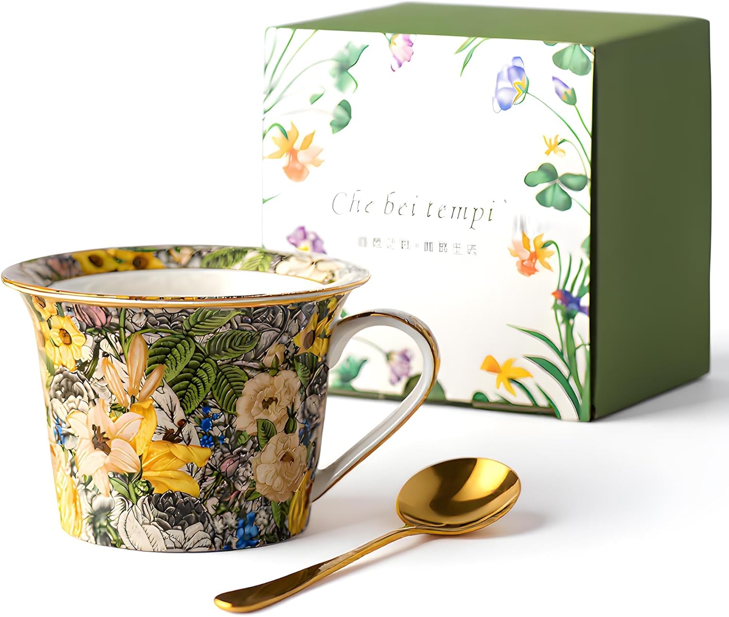 15oz Ceramic Coffee Mug – French Classical Cottage Style Cup with Golden Blossoms & Gilded Rim, Elegant Pottery Gift Mug with Lid & Saucer for Women