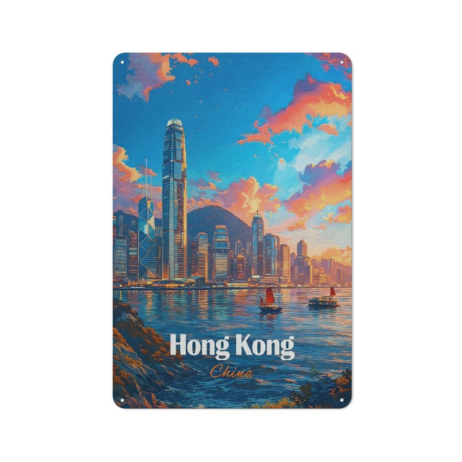 Modern Vintage Hong Kong Skyline at Sunset(2) Office Metal Sign 30x20cm, Creative Space Decor for Hobby Room, Office, Lounge Or Living Room