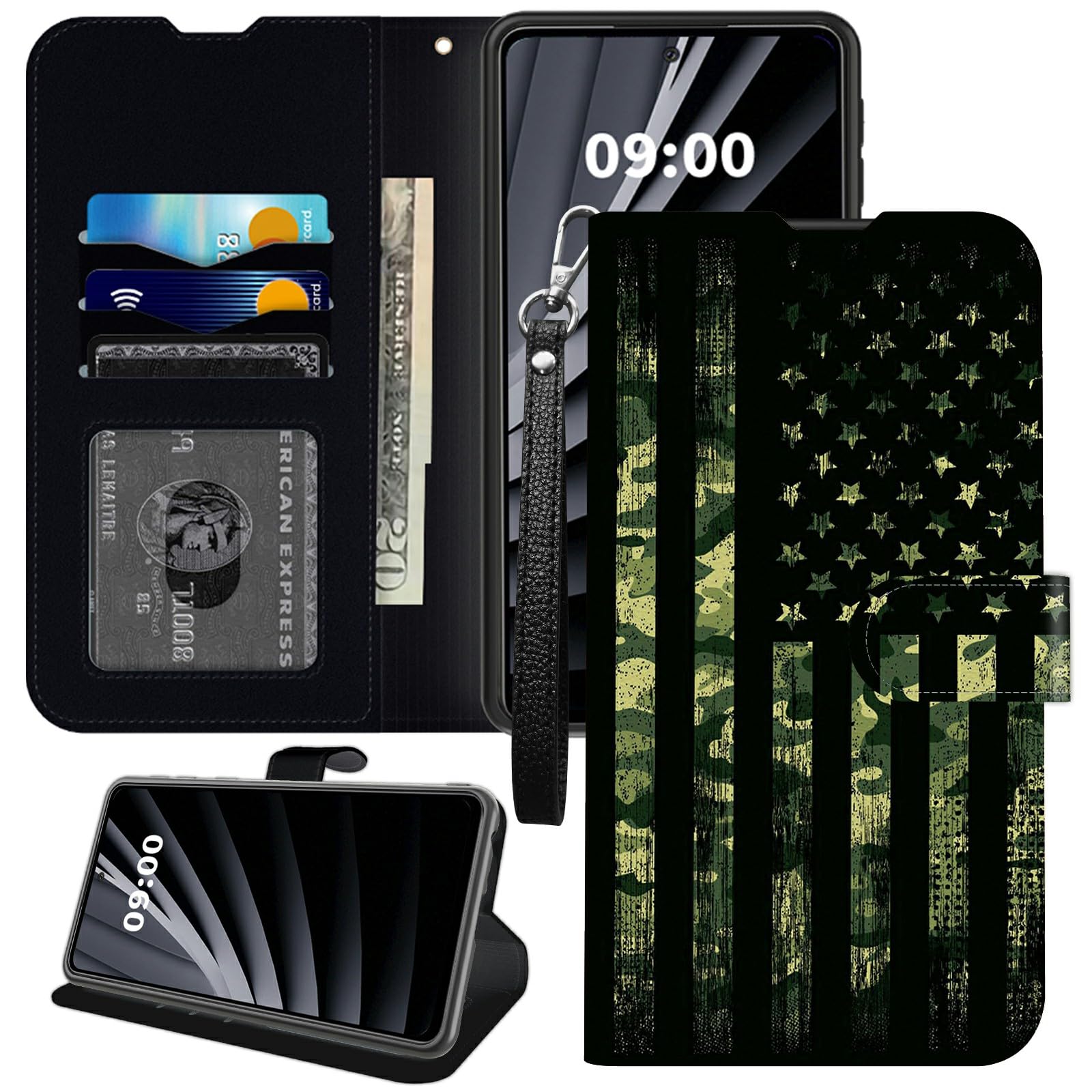 Military Camouflage American Flag Phone Case for Samsung Galaxy S24 FE, for Galaxy S24 FE Wallet Case, PU Leather TPU Cover Flip Magnetic Buckle