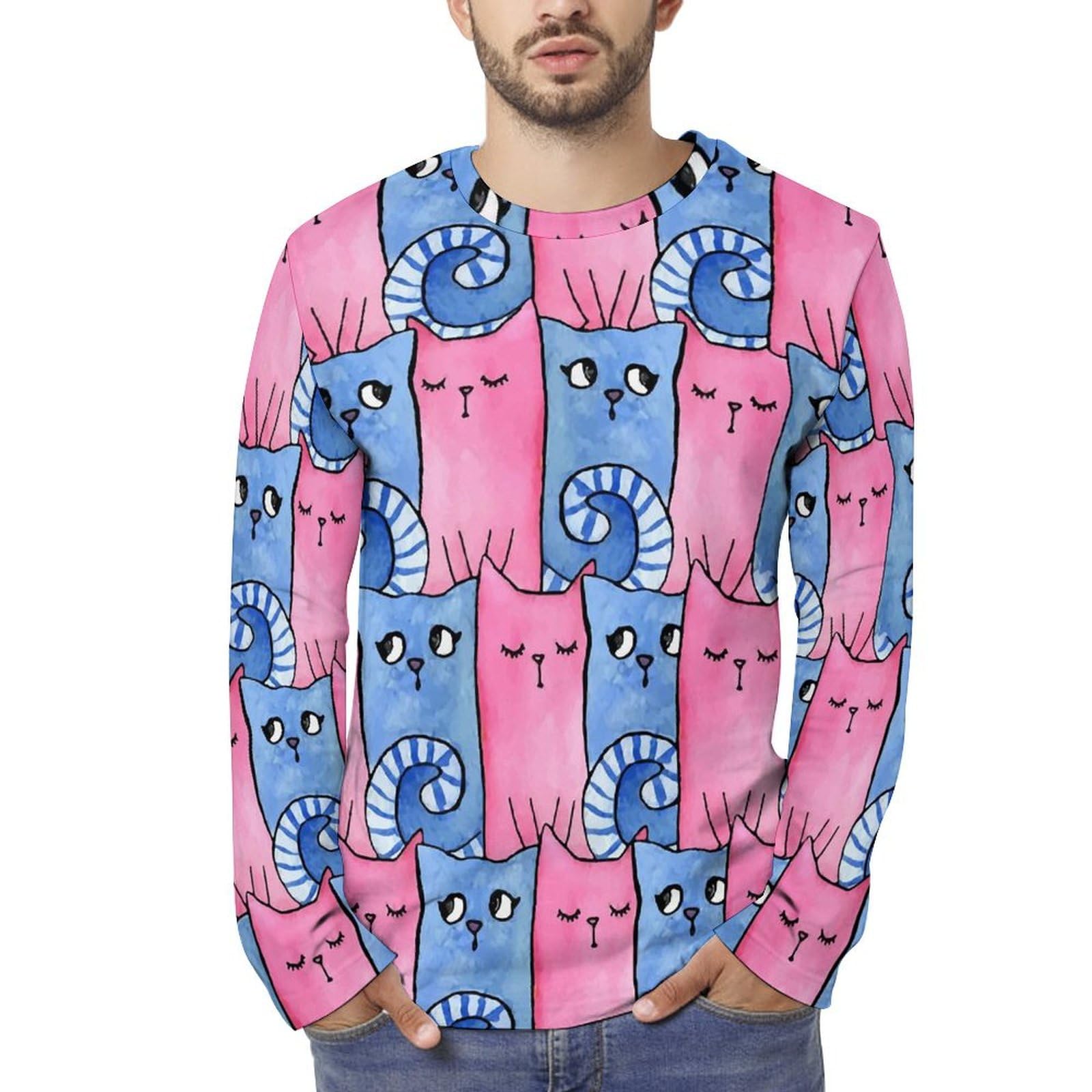 Amazon.co.jp: 長袖 Tシャツ メンズ ピンク ブルー 面白い 猫柄 ネコ 