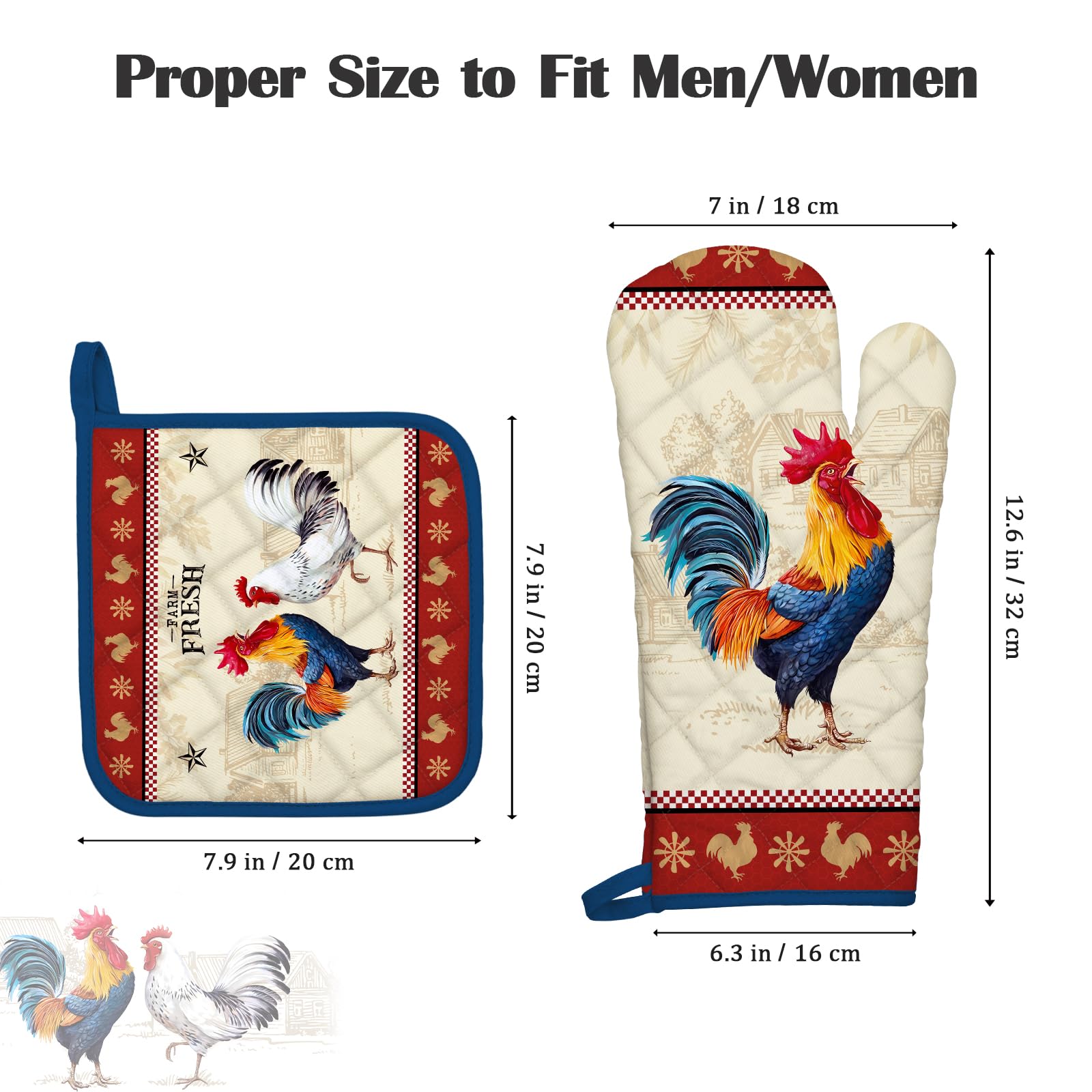 Rooster Rękawice kuchenne i uchwyty na garnki, 100% bawełna, odporne na wysokie temperatury, bardzo długie rękawice kuchenne i podkładki do gotowania, grilla, pieczenia, prezent, zestaw 4 szt