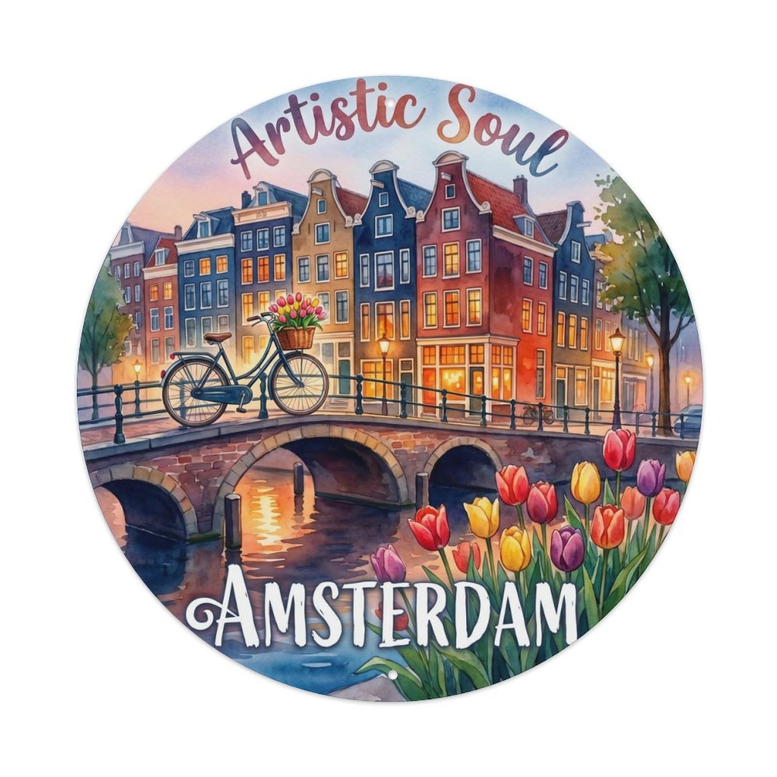 Vintage Travel Amsterdam Watercolor Scene Metal Tin Sign Plaque