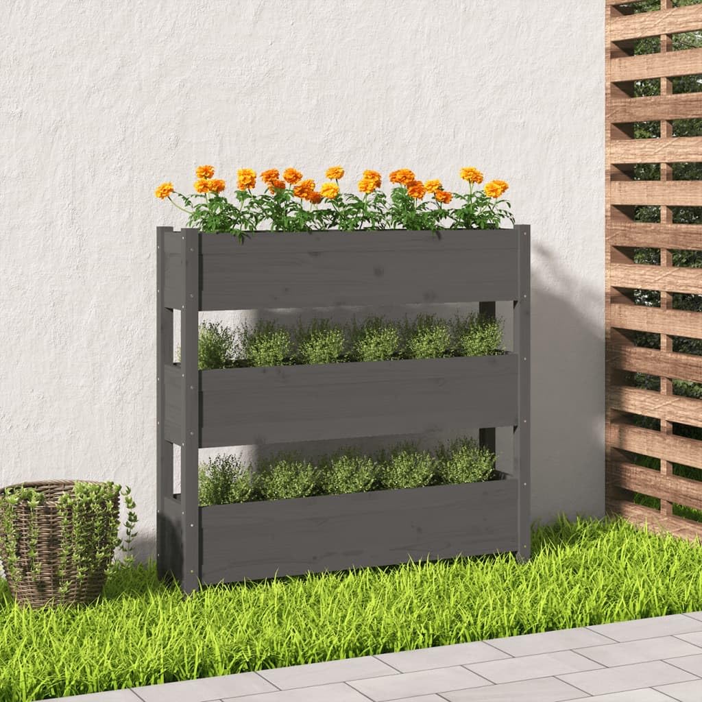 Ogrodnik Drewno Sosna Lita Szary 112x25x104,5 cm | 3 pojemniki do sadzenia, podniesione łóżko na warzywa, stabilna rama na balkon patio