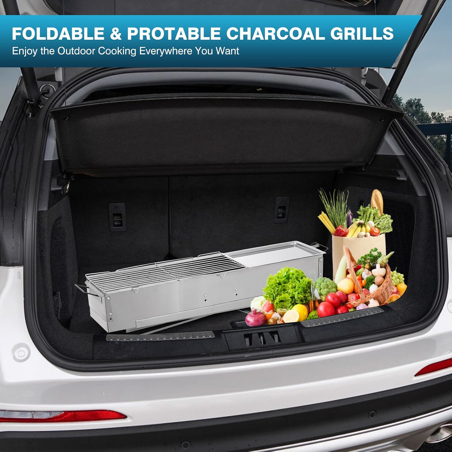 Foldable and portable charcoal grill stored in a car trunk