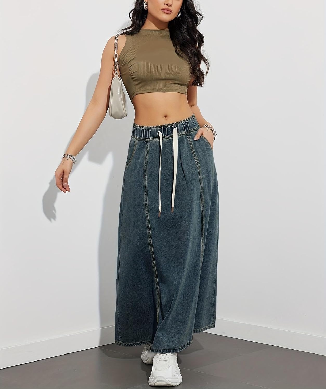 yoeasy Women's Drawstring Elastic High Waist Denim Skirt Casual Flowy Swing A-Line Long Maxi Flare Denim Skirt - Image 6