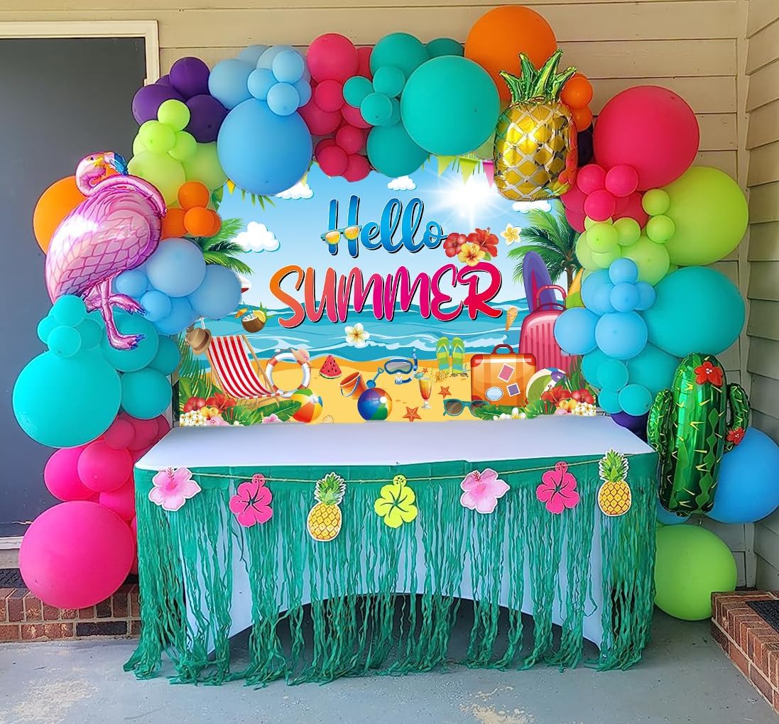 Hello Summer Banner Backdrop 10x8FT Tropical Hawaiian Beach Photography Background Welcome Summer Beach Pool Party Decorations Supplies