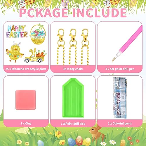 Miniatura 3 de 15 piezas de llavero de pintura de diamantes de Pascua DIY Kit de pintura de diamantes colgante kits de arte de diamantes huevo de Pascua, conejito