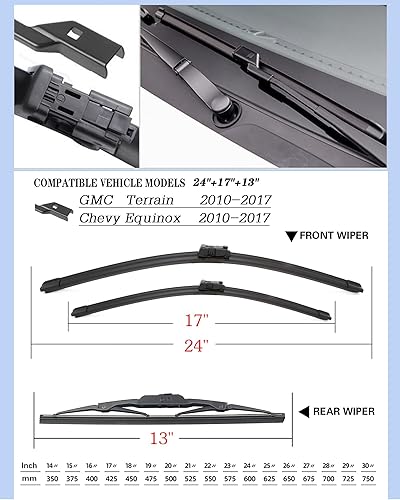 Miniatura 2 de Juego de 3 escobillas de limpiaparabrisas de repuesto para GMC Terrain 2010-2017Equinox 2010-2017, 24 + 17 + 13 pulgadas (juego de 3) con bloqueo