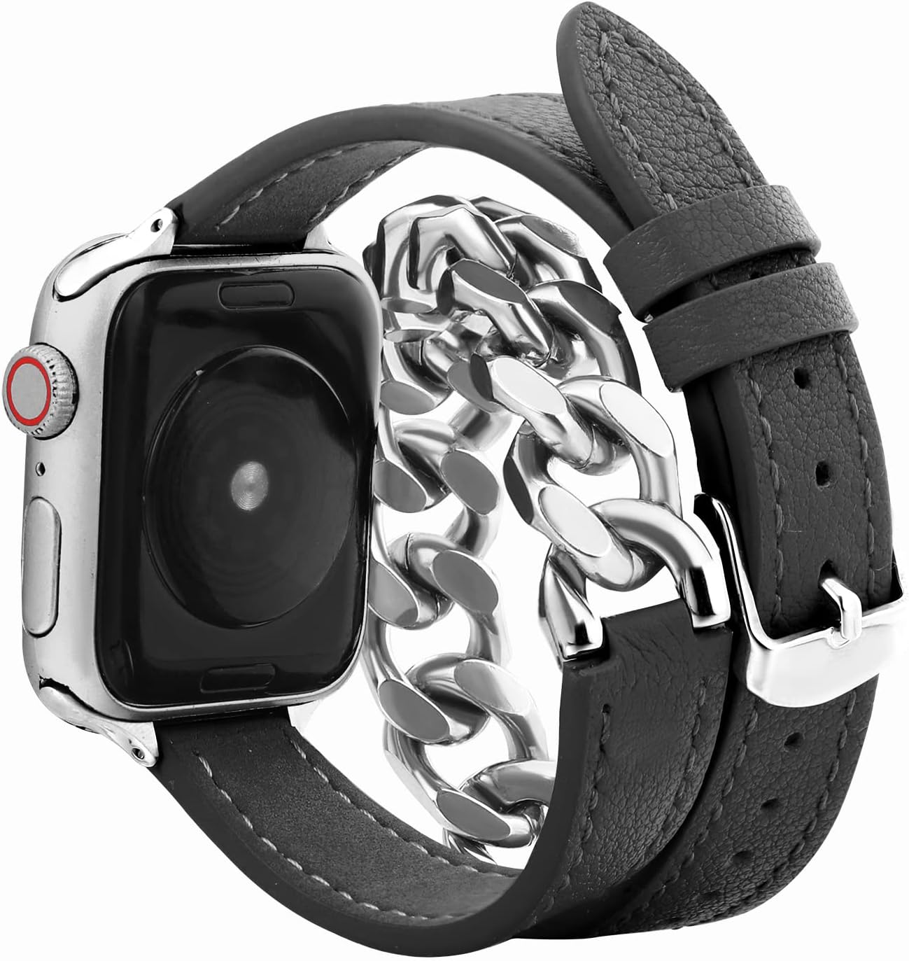 Slim Bands Compatible with Apple Watch Bands 38mm 40mm 41mm 42mm 44mm 45mm 46mm 49mm for Women Men, Genuine Leather Natural Wood Beads Thin Wristband Replacement Strap for iWatch Band Series 11 10 9 8 7 6 5 4 3 2 1 SE3 Ultra 3