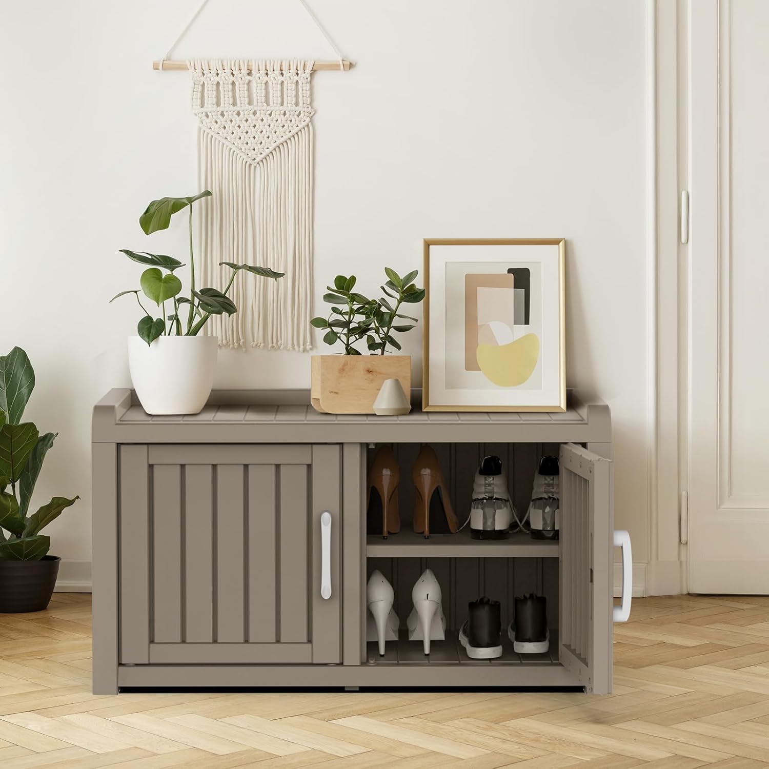 rojik cabinet waterproof uv-resistant,storage bench indoor outdoor with adjustable shelves,for entryway bedroom,hallway,living room(double door,grey) grey double door, not exact, similar to stock photo