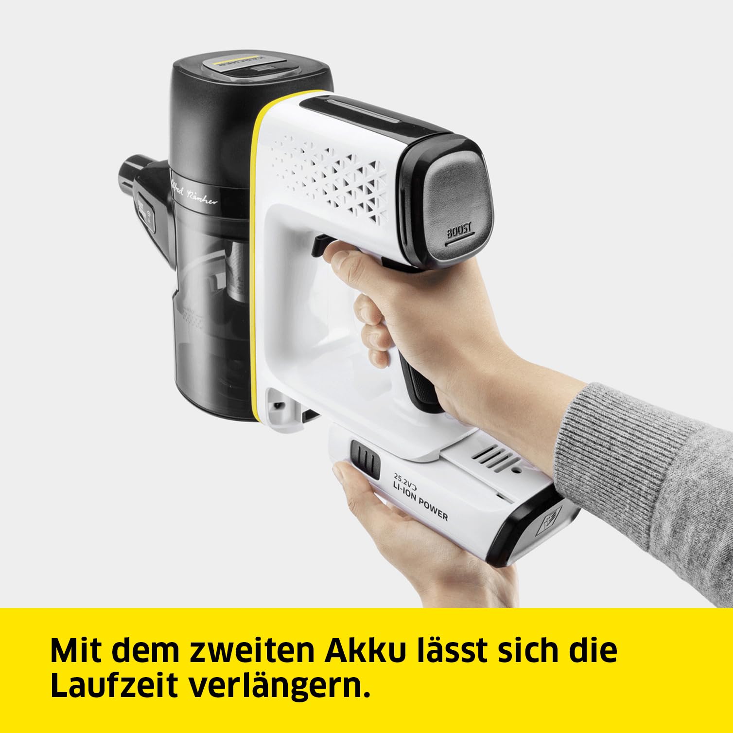 KÄRCHER Akku-Staubsauger VC 7 Signature Line, 2 Saugstufen, Laufzeit: bis zu 60 min., Gewicht: 2,6 kg, inkl. 25,2 V Akku, Wandhalterung mit Ladefunktion, Boden- und Fugendüse, weiß