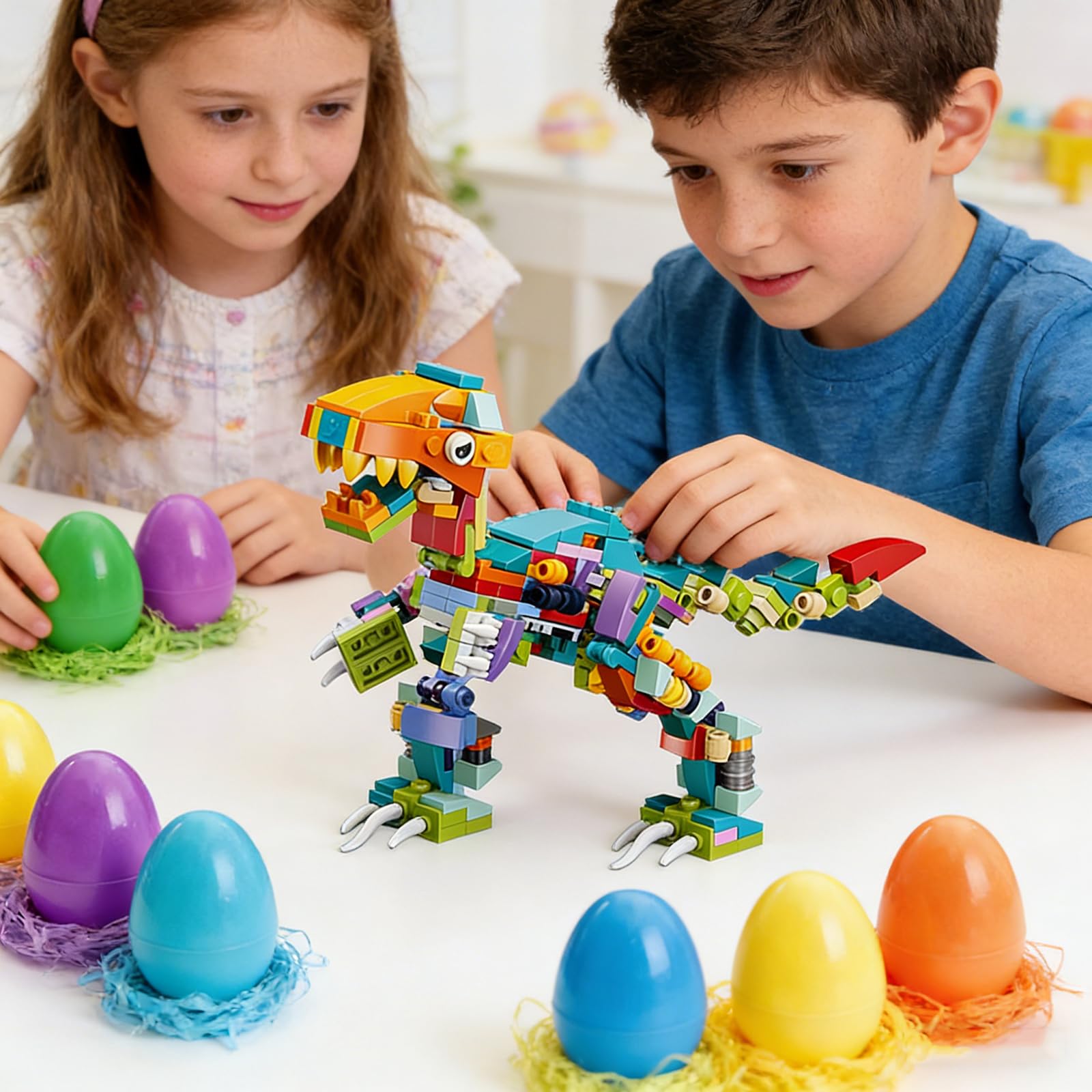 Zestaw 12 plastikowych jajek z klockami dinozaurów na wielkanocne kosze, zabawki edukacyjne, nagrody, niespodzianki na imprezy