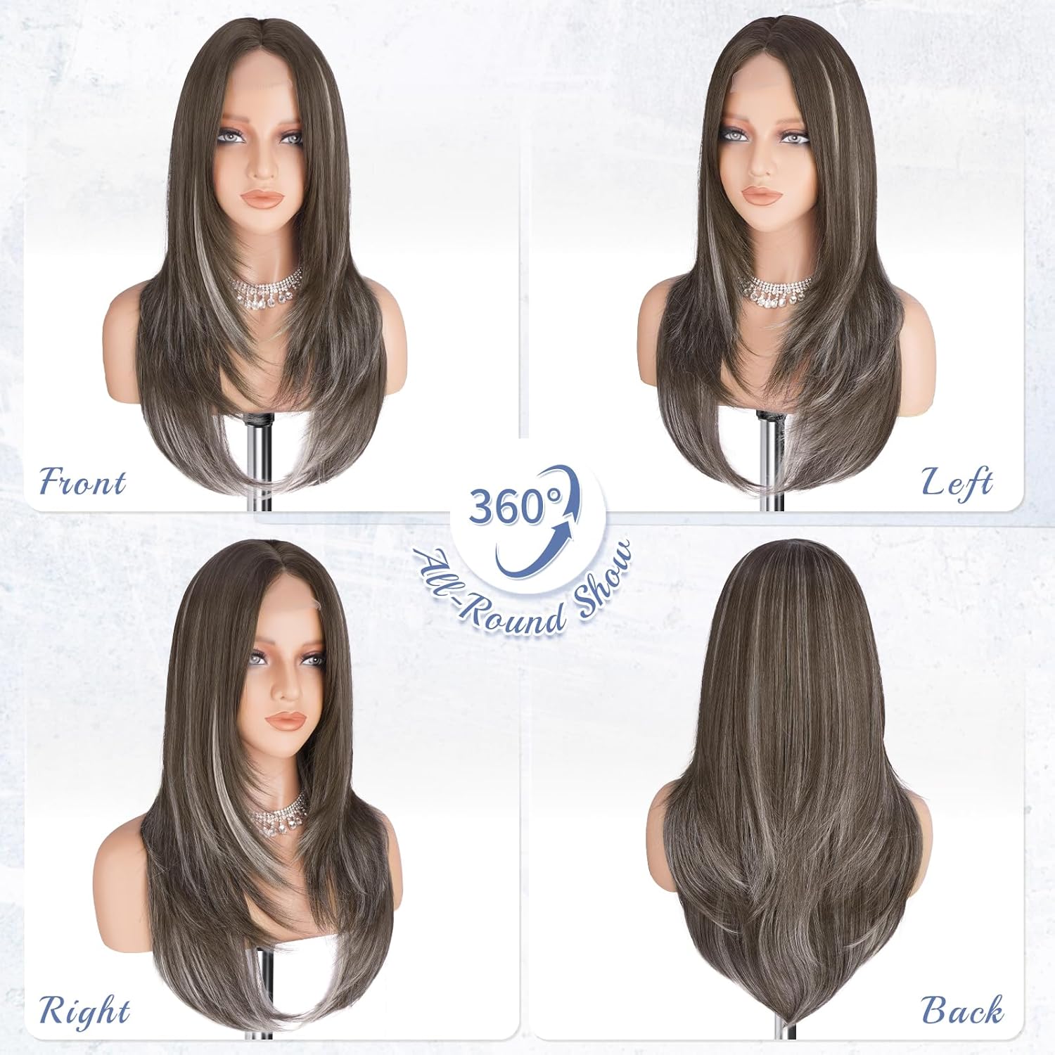 Haloo Brown Wig with Curtain Bangs - Lace Front Hairline Middle Part Long Layered Natural Looking Straight Synthetic Hair Wigs for Women Daily Party, 24 Inch Brown Mixed Grey Highlight