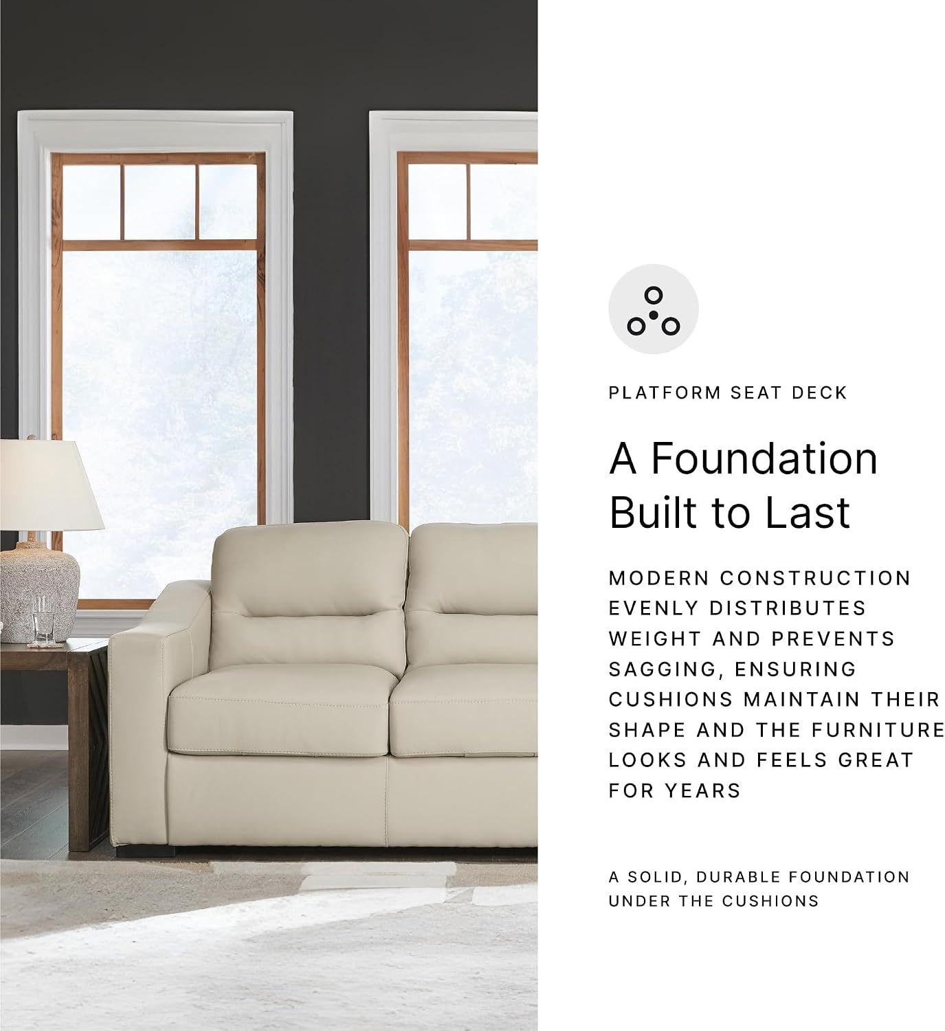 BOWERY HILL Contemporary Leather Almond Sofa, 93" W x 40" D x 40" H, Solid Wood Frame, Faux Leather Accents, High-Resiliency Foam Cushions, Low-Profile Faux Wood Legs, 3-Seat Living Room Furniture