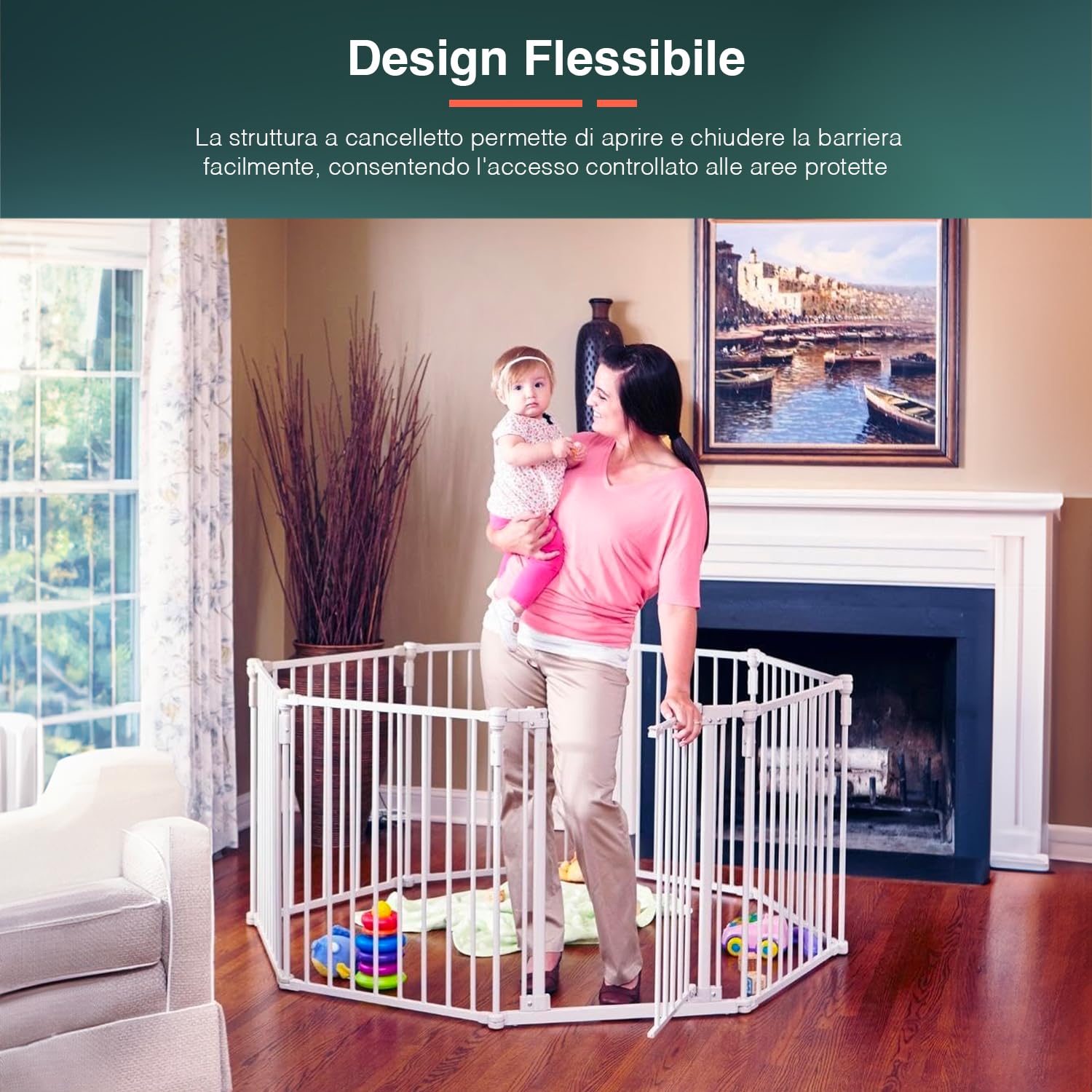 Barrera de Seguridad para niños, Perros y Gatos con Puerta – Caja de Seguridad Ideal para protección doméstica y Separador de ambientes, de Metal Barnizado Blanco, 120 x 74 cm