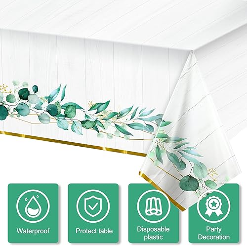 Miniatura 3 de Tatuo Paquete de 6 manteles de plástico con hojas de eucalipto, hojas verdes salvia, 54 x 108 pulgadas, manteles desechables para primavera, baby