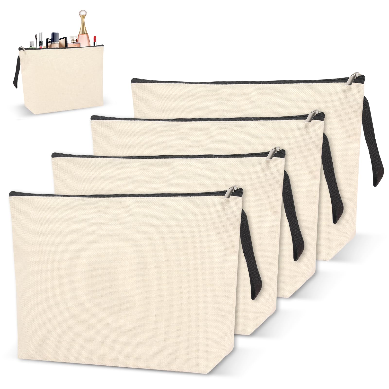 Trousse de Toilette Femme Pochette Tissu Zippée DIY Vierge Toile Rangement Voyage 4 Pièces