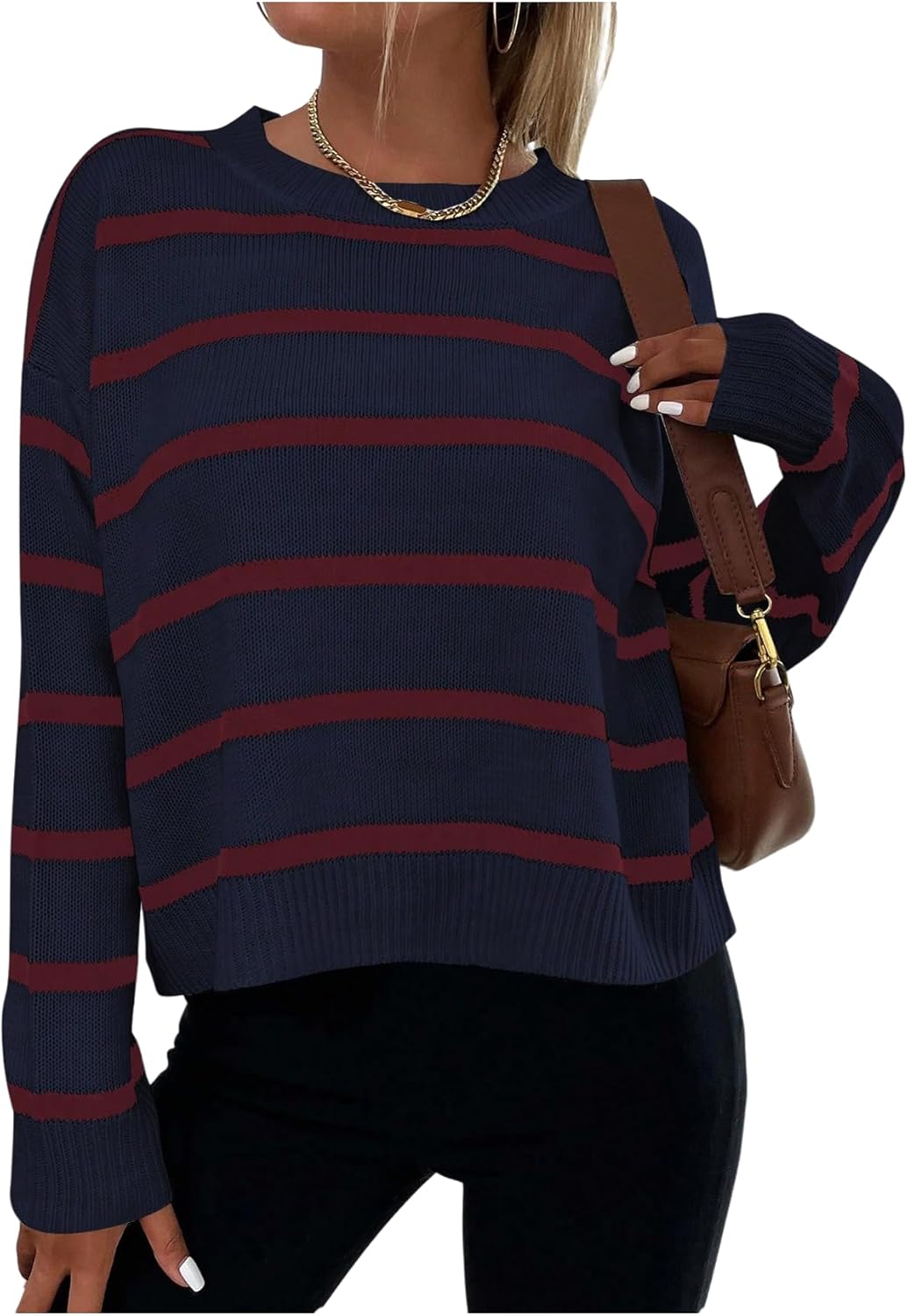 GORGLITTER Women's Striped Drop Shoulder Sweater Oversized Crew Neck Knit Sweaters Pullover Top