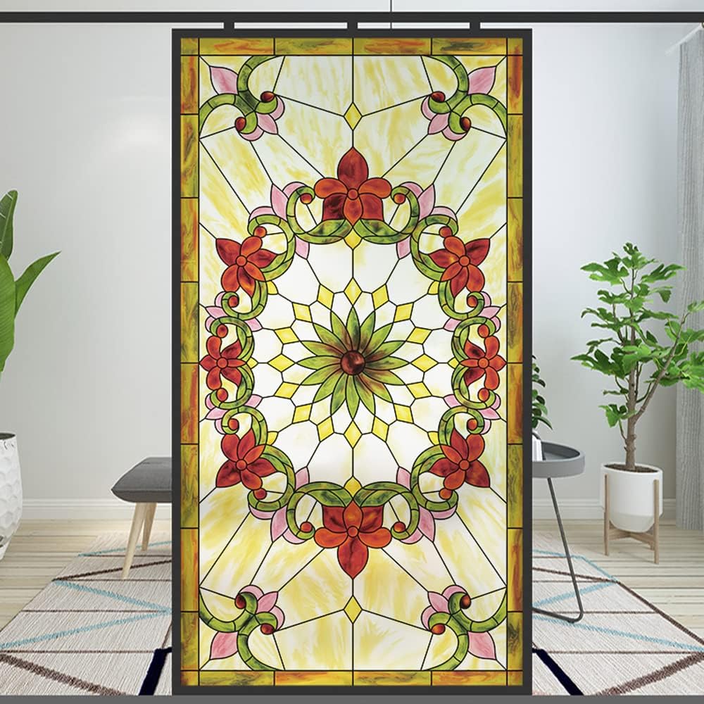Privacy Windows Film European Church Style Stained Glass Static Cling Decorative Frosted Window Stickers (Pattern 1,31.49"x47.24"(80x120cm))
