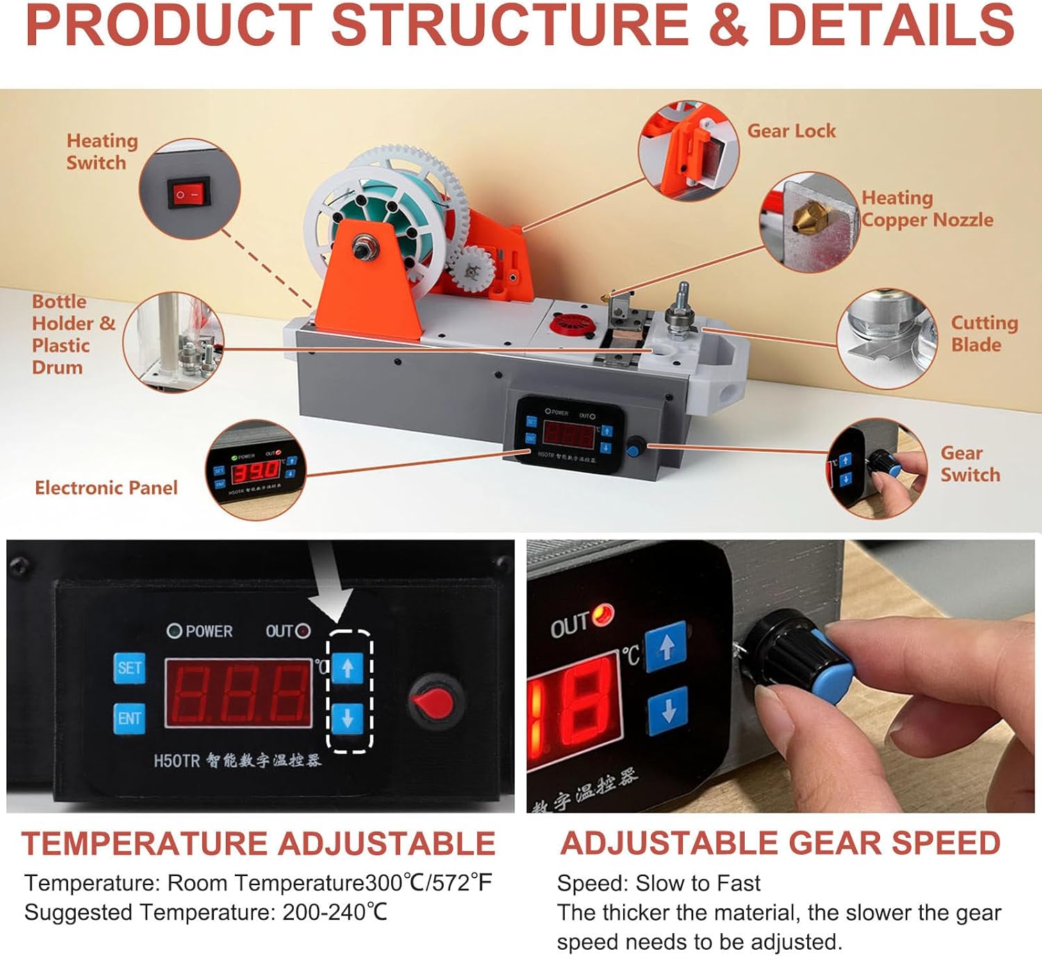 PET Bottle Recycler, 1.75mm Filament Extruder for 3D Printing, for DIY Makers & Studios, with Digital Control, Adjustable Temperature A