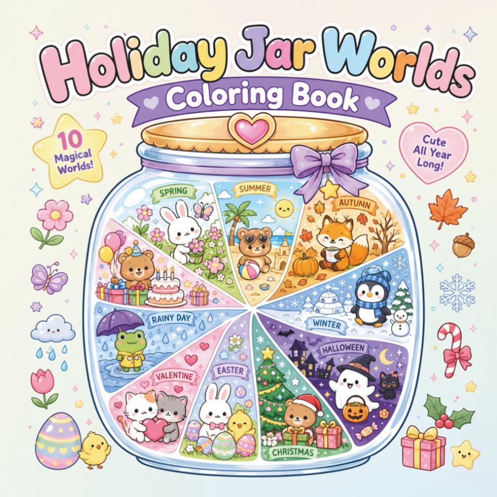 Holiday Jar Worlds Coloring Book, 40 Cute Seasonal Coloring Pages Inside Magical Glass Jars