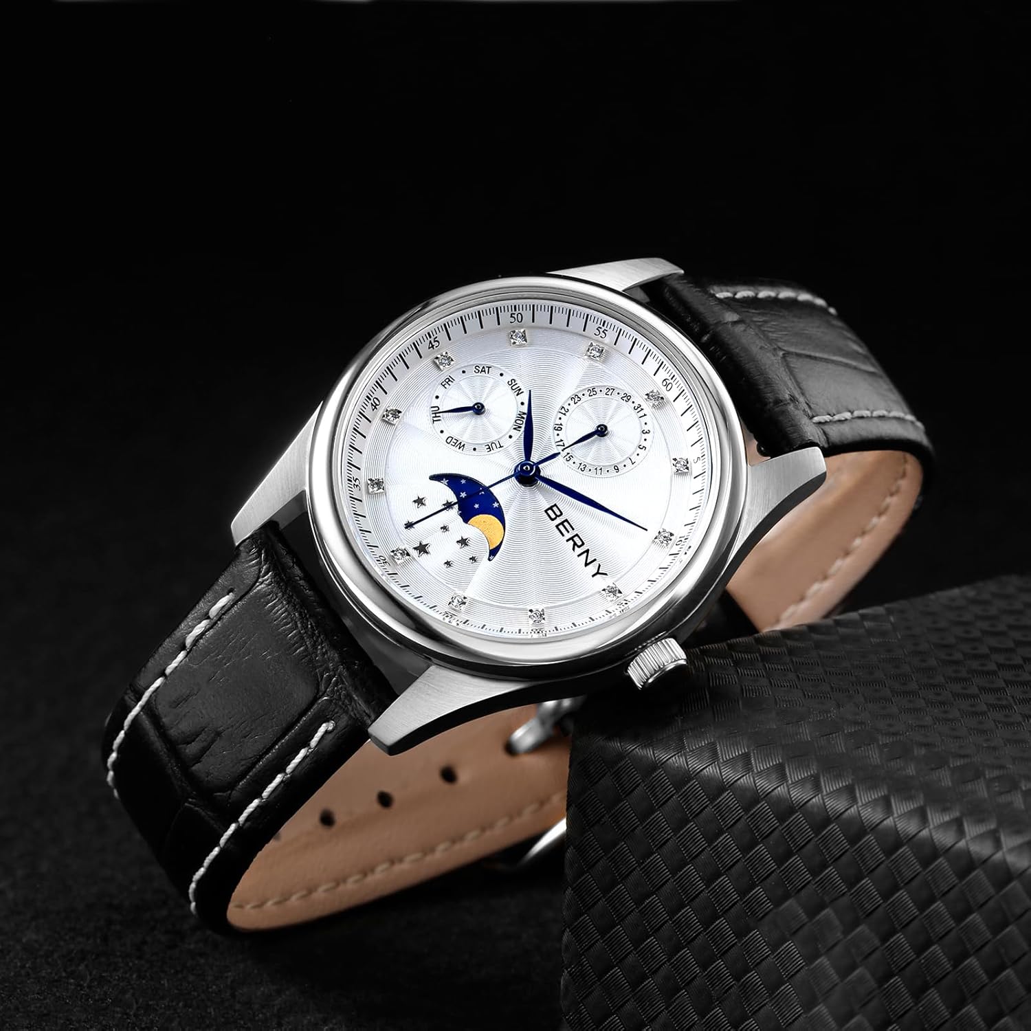 BERNY Womens Multi-Function Watch with Calendar and Moon Phase Watch - Stainless Steel Case and Leather Band
