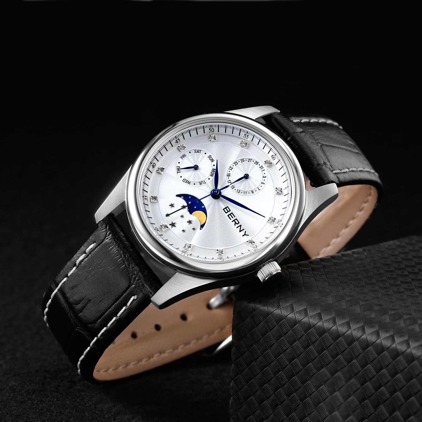 BERNY Relojes Multifunción para Mujer Relojes de Señora Resistentes al Agua con Correa de Cuero Genuino Relojes de Moda Femeninos con Subesfera Calendario y Fase Lunar