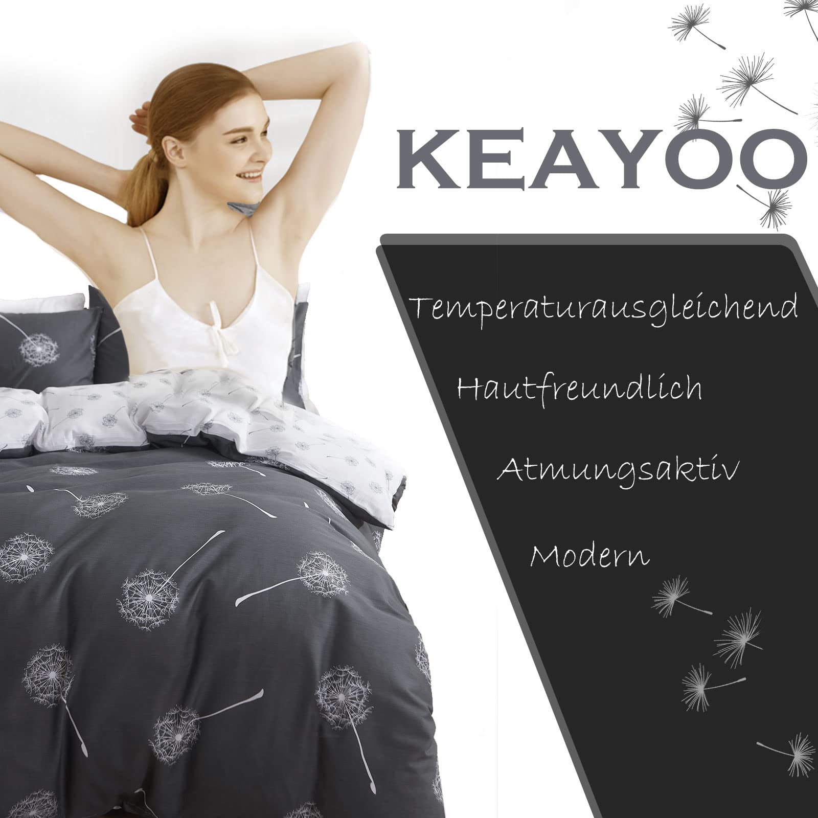 KEAYOO Bettwäsche 135x200 Grau Weiß Wendebettwäsche Pusteblume Muster 100% Baumwolle für Sommer bis Winter Soft Touch mit Reißverschluss 4teilig Set