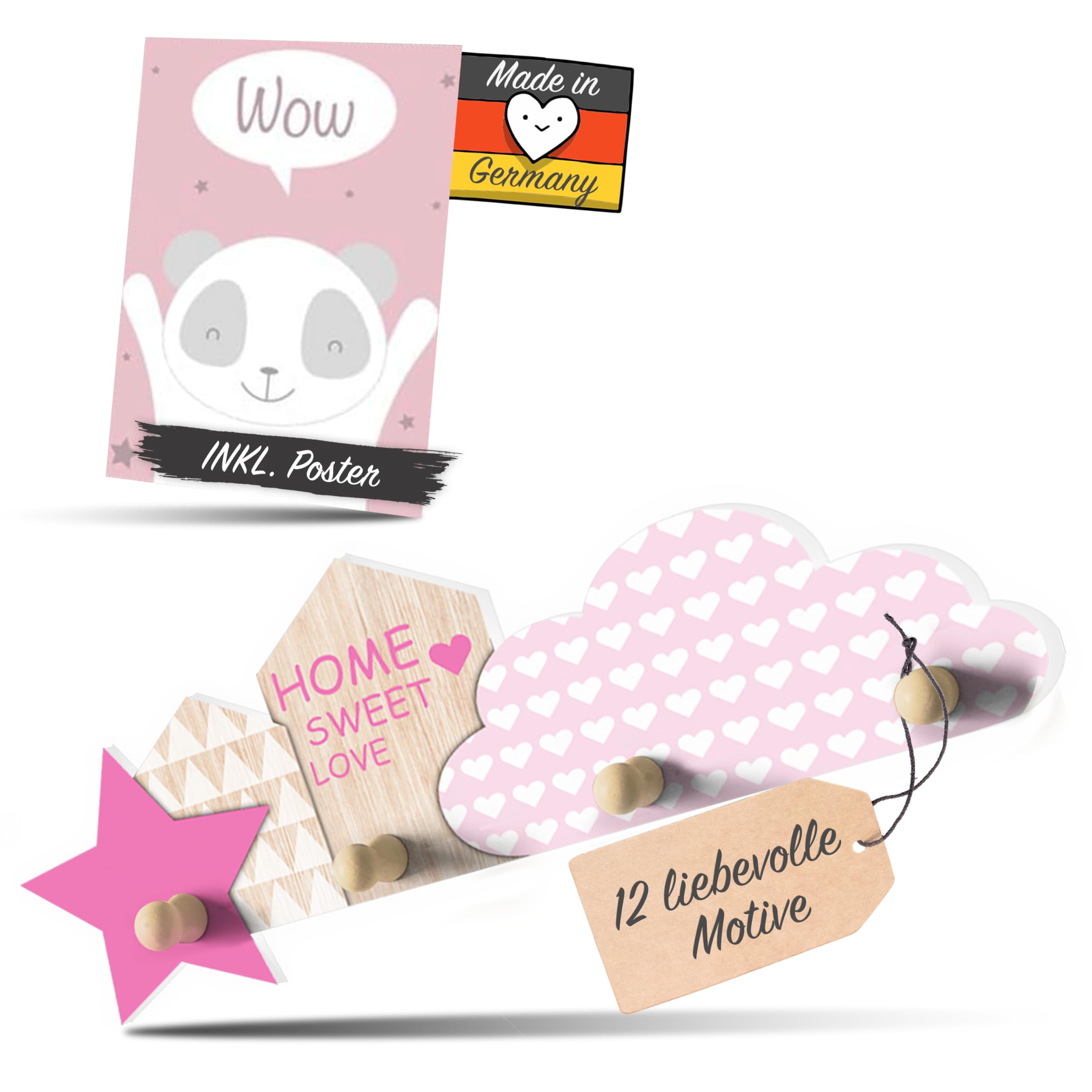 Kindsblick® Sweet Home Kindergarderobe in Rosa inkl. niedlichem A4 Poster - Garderobe Kinder Edition mit 4 Haken - Wunderschöne Kinder Garderoben Deko - Kinder Garderobe Maße (38 x 15 x 1 cm)