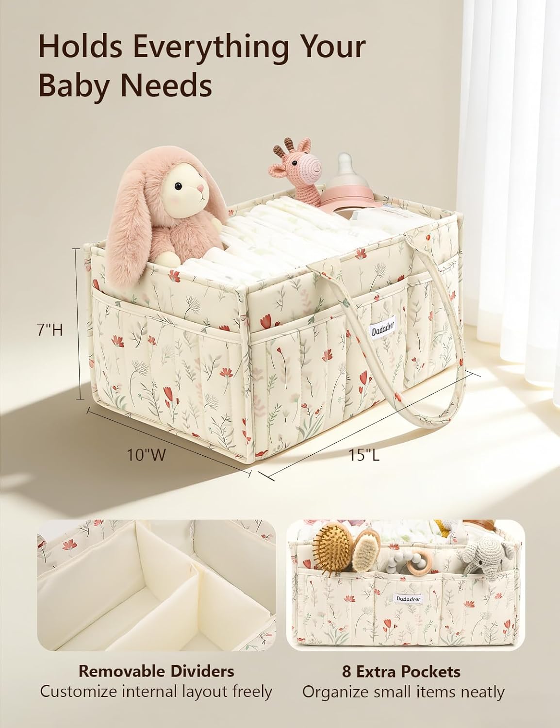 Baby Diaper Caddy Organizer, Portable Nursery Storage Basket for Newborn Essentials, Changing Table & Car Caddy Organizer, Gift for Baby Shower, Registry Must-Have for Boy Girl, Floral Beige