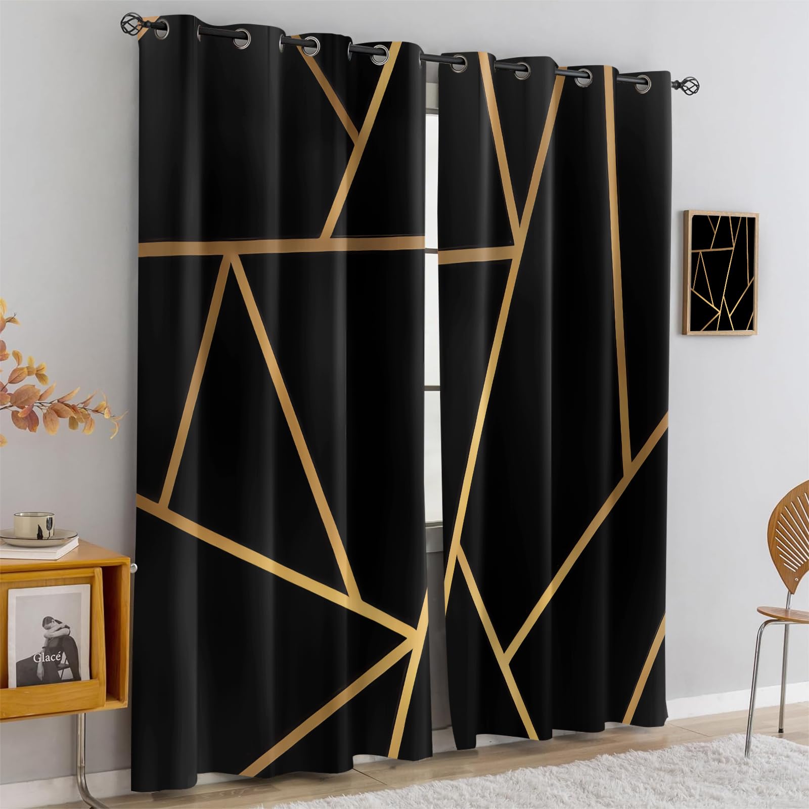 Rideau Occultant Isolant Thermique Salon Chambre Enfant Rideaux À Oeillets 3D Art De Texture De Ligne en Or Noir Rideaux Acoustiques Draperies Intérieurs Rideau Décoration De Fenêtre 200X160Cm