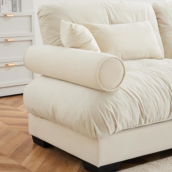 130'' Modular Sectional Sofa, L-Shaped Reversible Couch, 3 Seater Sofas with Chaise Lounge, Modern Velvet Upholstery Couches, Ottoman, for Living Room, Apartment, Office, Hotel, Cream Beige