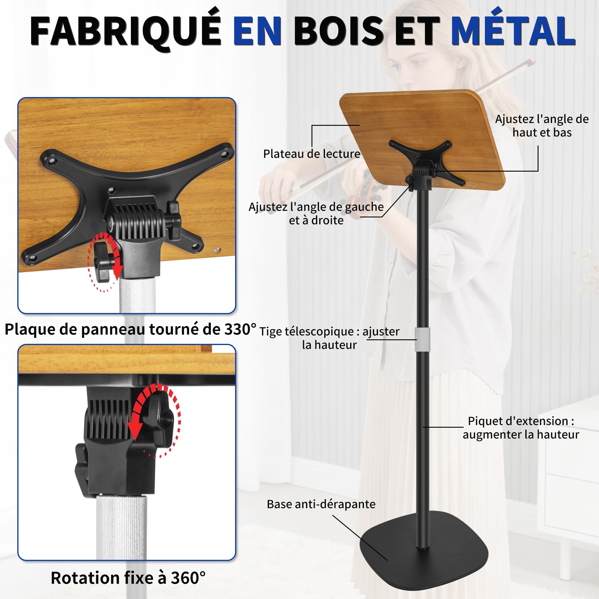 OUUTMEE Supporto da lettura in metallo, 26,5 x 39 x 130 cm, nero | Regolabile in altezza da 60 a 130 cm, pieghevole, stabile, scrivania portatile per laptop, tablet e libri