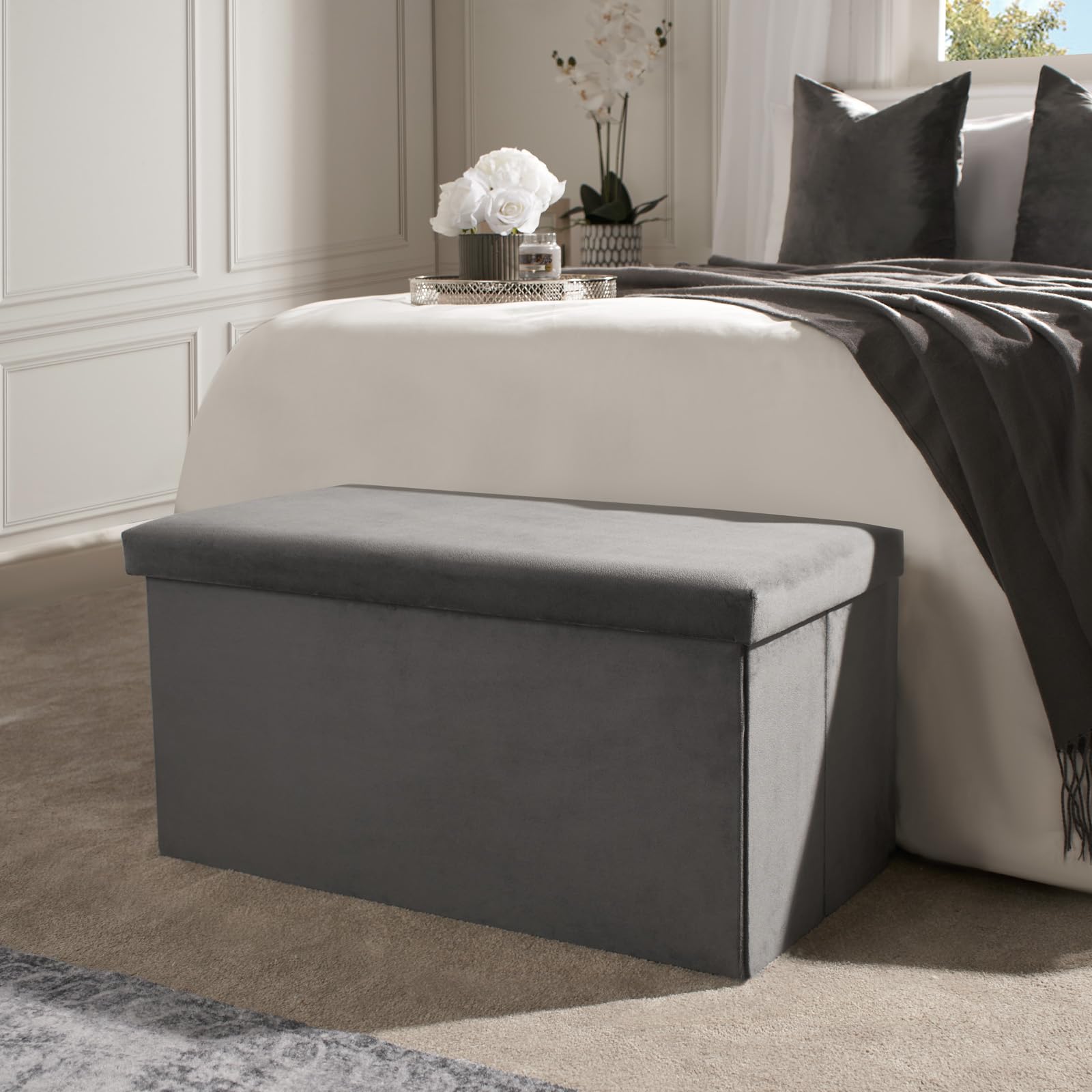 OHS Large Ottoman Storage Box, Matte Velvet Foldable Storage Ottoman Bench with Lid Footrest Stool End of Bed Bench Blanket Box Easy Assembly Sturdy Ottomans for Living Room Bedroom, Charcoal Grey
