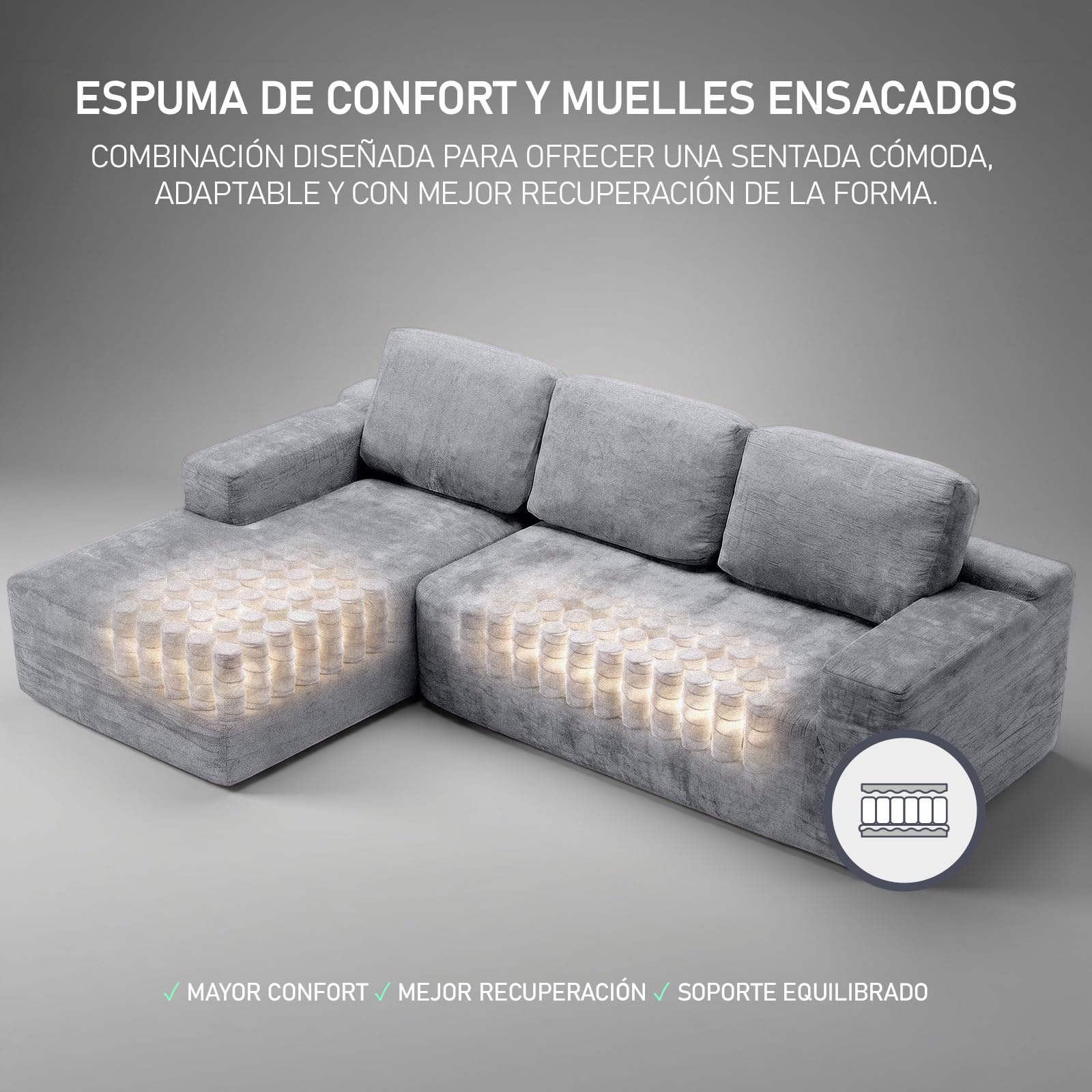 amuéblate online - Sofá Chaise Longue Zafiro, Orientación Izquierda | Práctico y Funcional, Envasado al Vacío, Color Gris