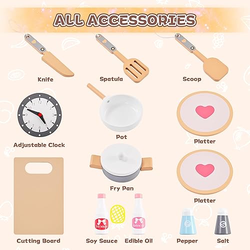 Miniatura 6 de Juego de cocina de madera para niños, juego de cocina para niños pequeños, cocina de simulación de chef con muchas características de juego, cocina