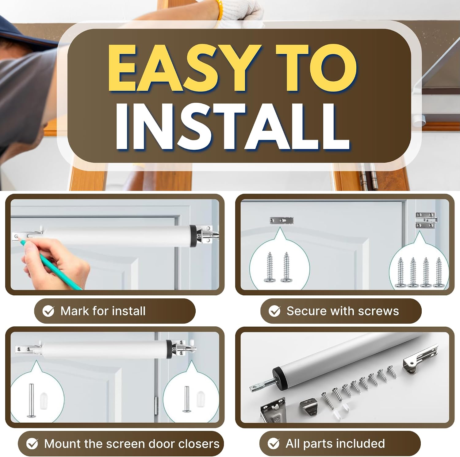 Heavy Duty Screen & Storm Door Closer Kit - Adjustable Spring Tension Mechanism for Smooth Quiet Closing - Universal Replacement for Home, RV & Commercial Doors