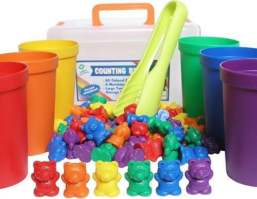 Legato - Osos para contar/clasificar; 60 osos de colores arcoíris, 6 tazas apilables, pinzas para niños, contenedor de almacenamiento y libro
