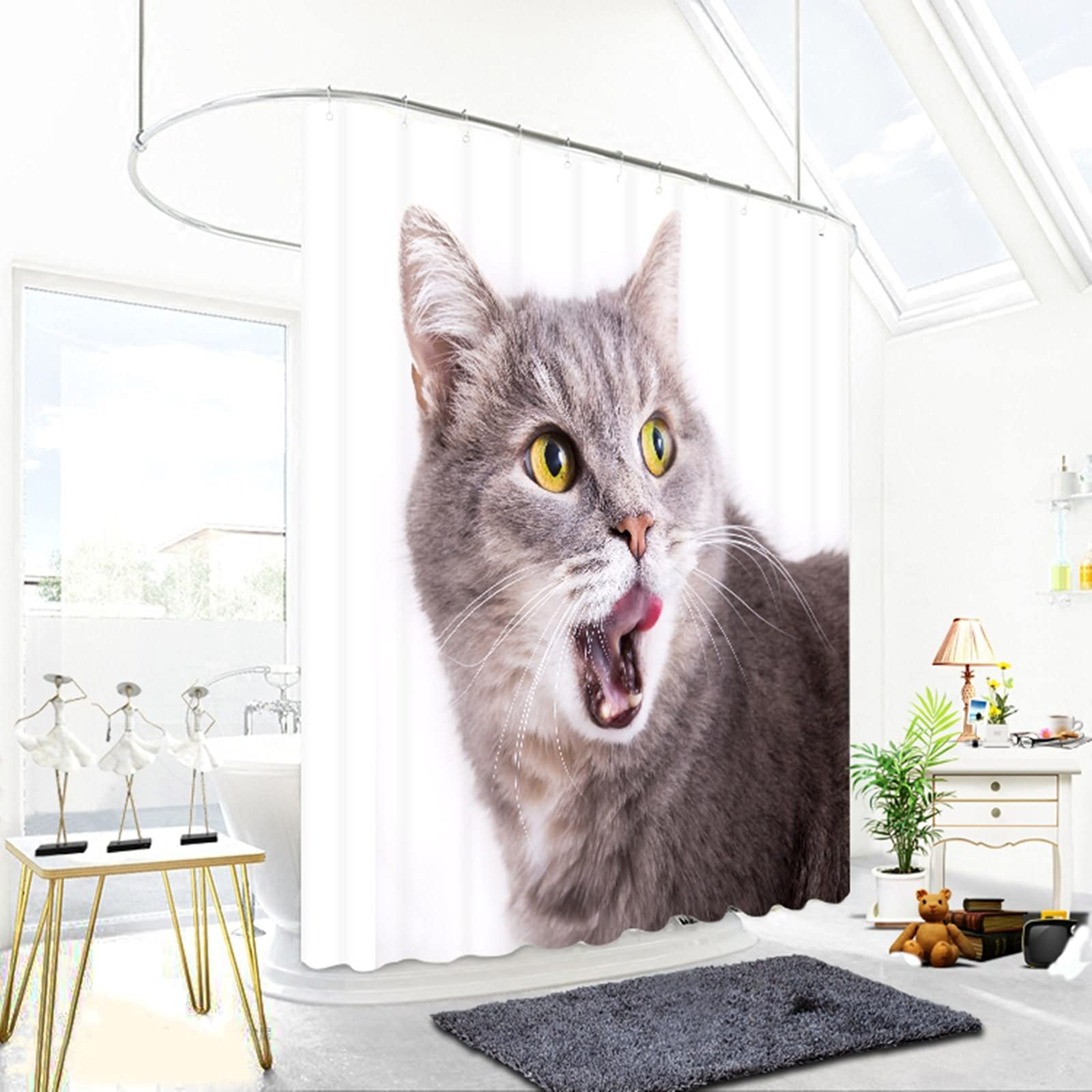 Rideau de douche japonais chat gris en tissu haut de gamme 200x180cm 120g