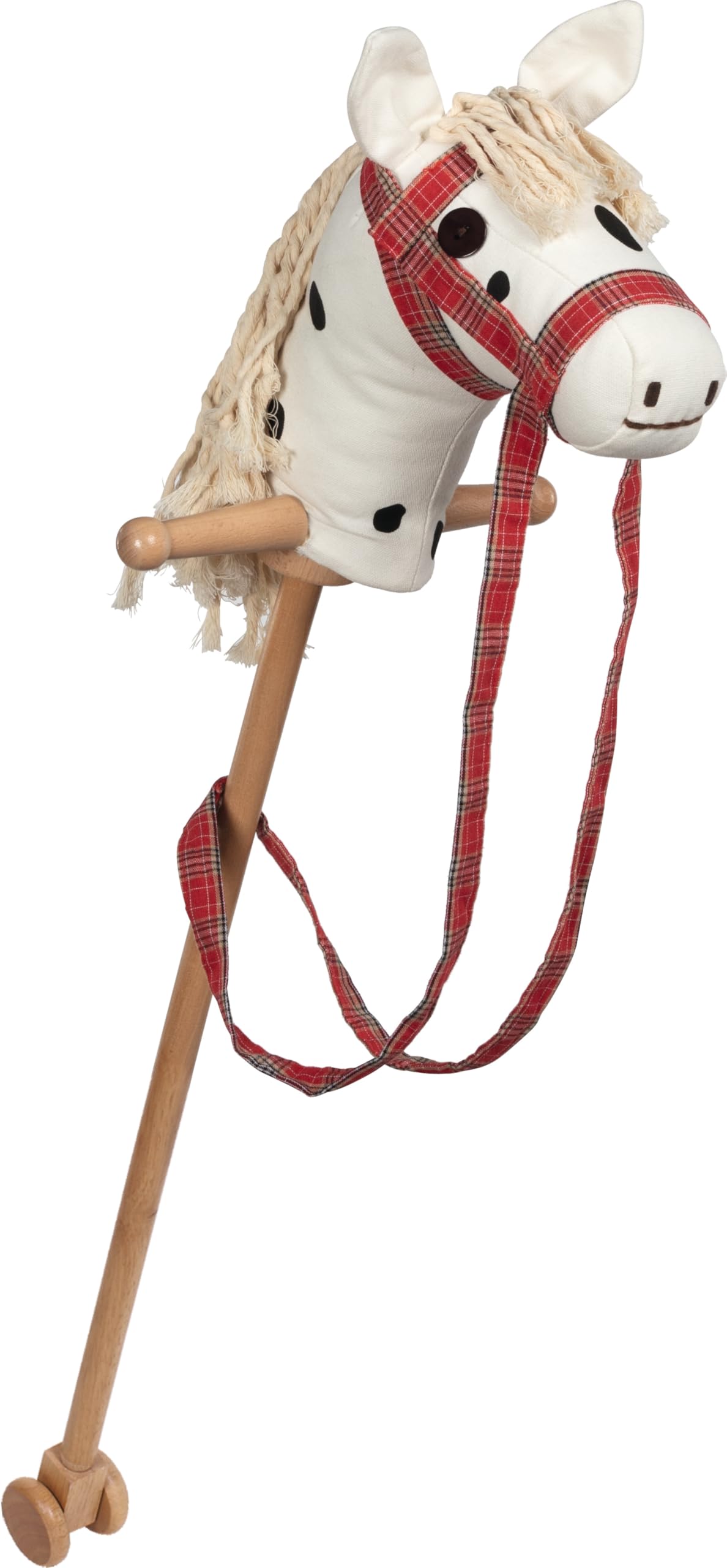 goki 53940 Steckenpferd Schimmel aus Holz & Baumwollkopf, Länge 95 cm – mit Halfter & Rolle am Stock