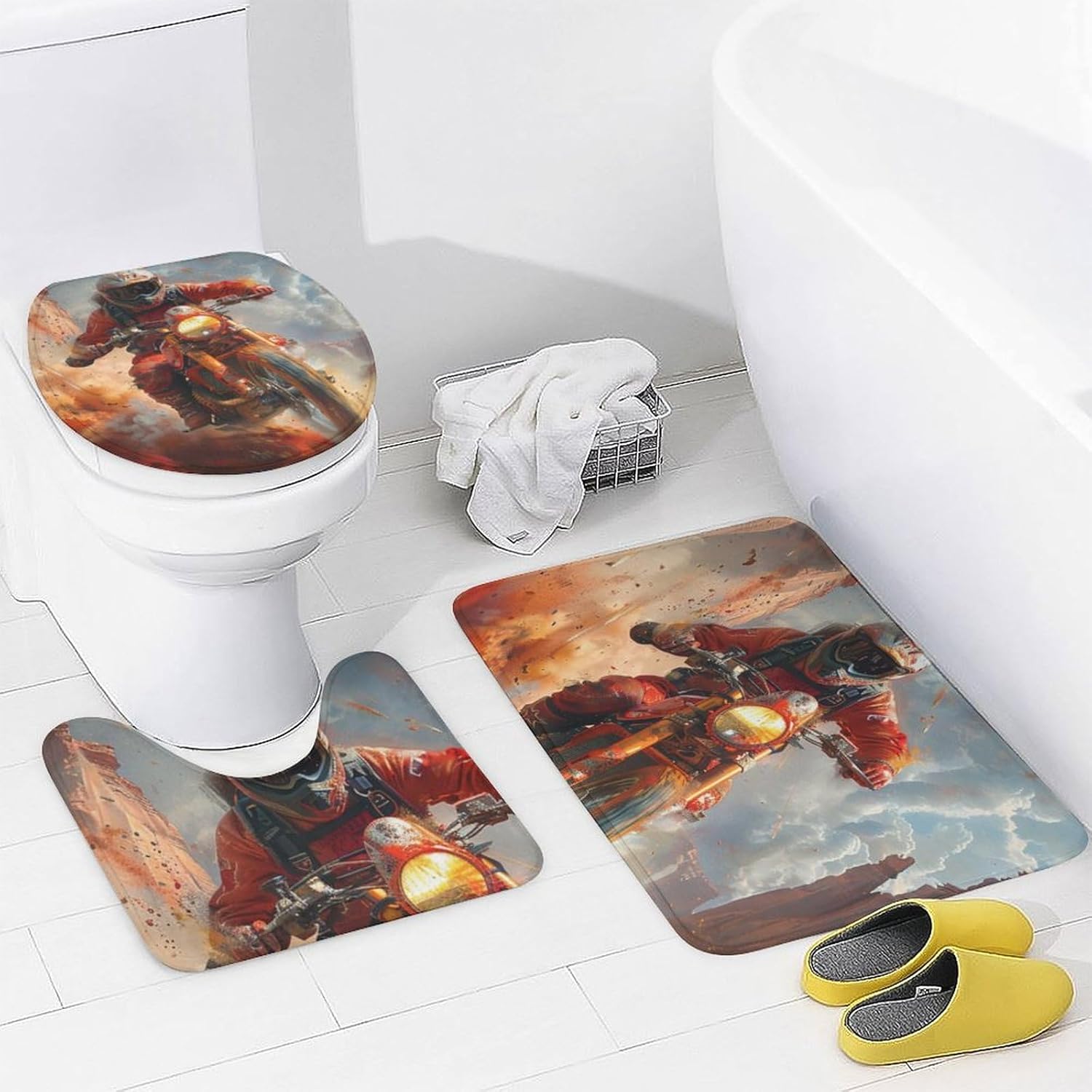 4Pcs Motocross Theme Shower Curtain Sets, Bath Mat and Rugs, Modern Extreme Sports Shower Curtain with Hooks for Bathroom