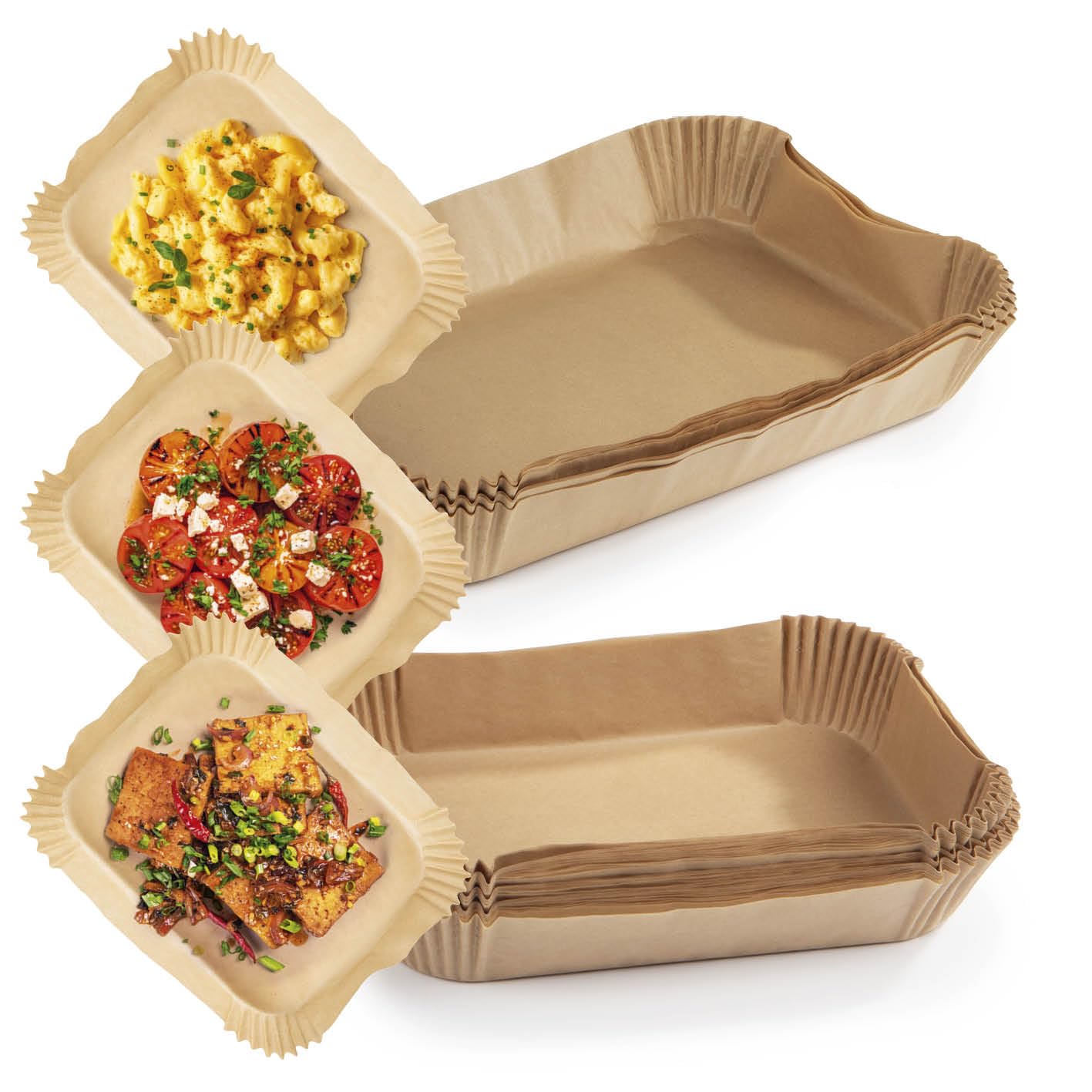 RACHS KOCHWERK Backpapier für Heißluftfritteuse 2er-Set | 4,5 Liter & 9 Liter | Backpapierschale antihaftbeschichtet & ölbeständig | 100 Stück Airfryer Backpapier – flexible Form