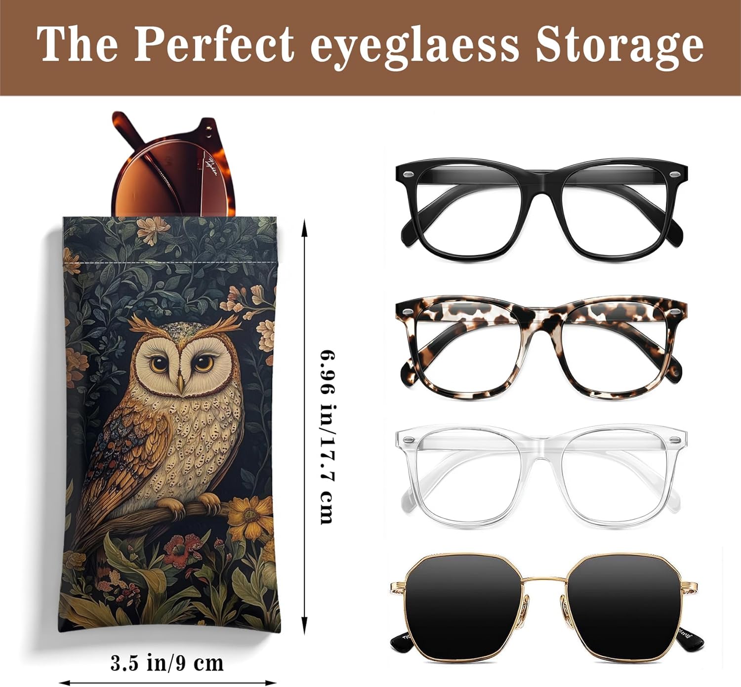 2 Pack Eyeglasses Case & Sunglasses Case-PU Soft Squeeze Top Glasses Pouch for Men Women, Owl & Florals Portable Anti-Scratch Eyewear Bag, Reading Glasses Bag(Owl, Brown) - Image 5